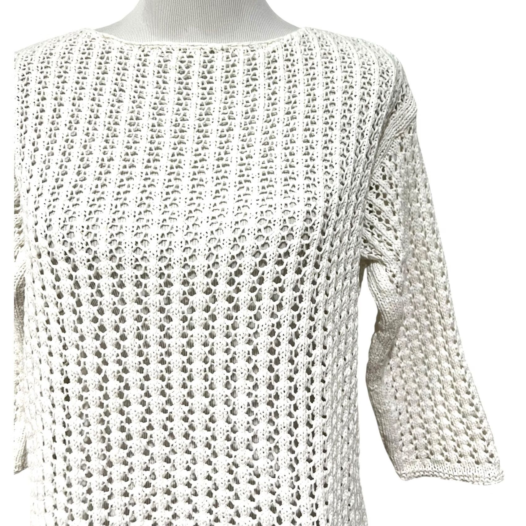 J. Jill J Jill Sweater White Open-Knit Crochet 3/4 Sleeve Cotton Blend S Womens Shirt Knit pullover Classic Coastal Preppy Beach Cottage Size S / US 4 / IT 40 - 4 Thumbnail