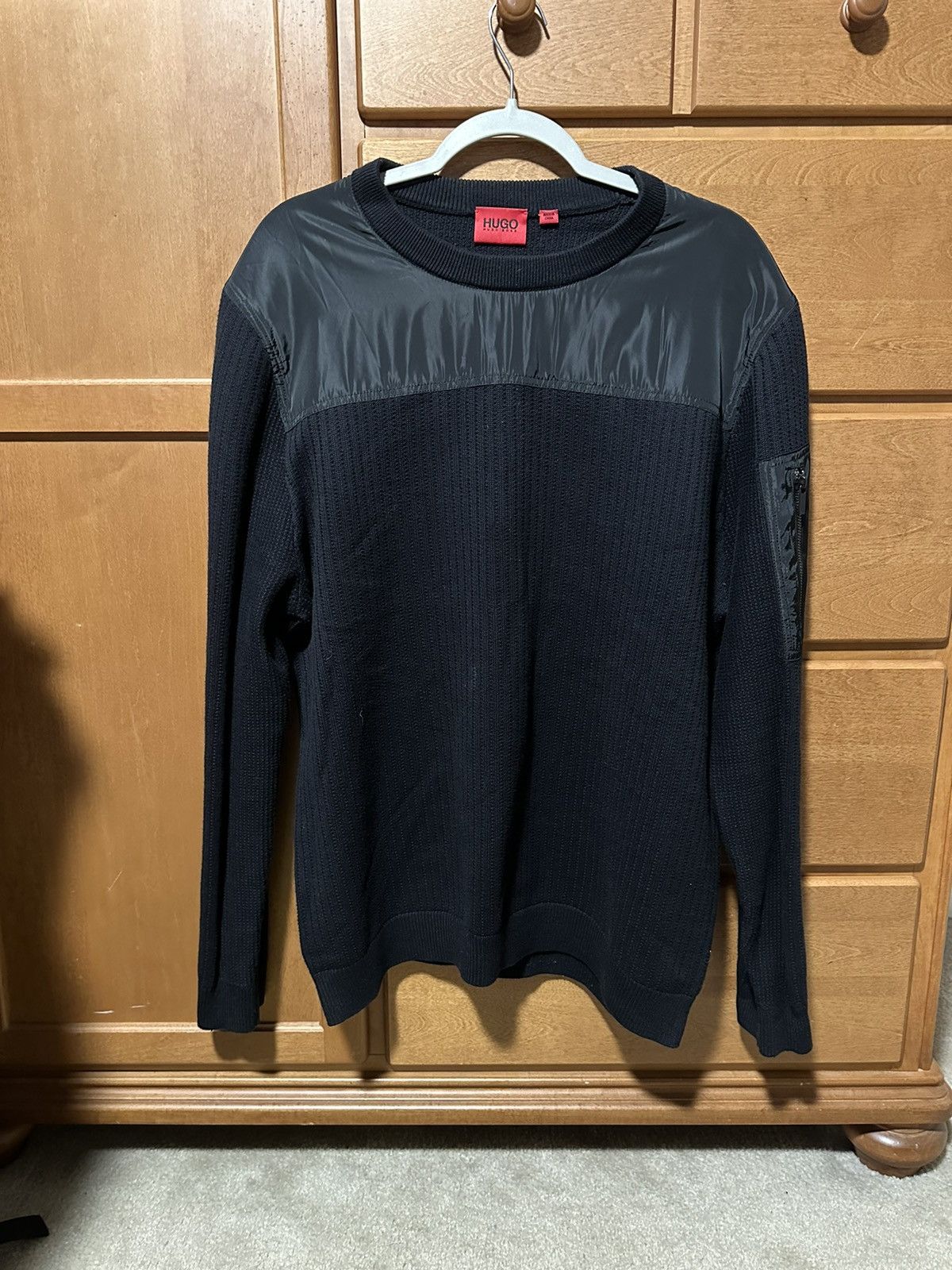 image of Hugo x Hugo Boss Men's Black Cotton & Wool Mix Media Sweater (Size XL)