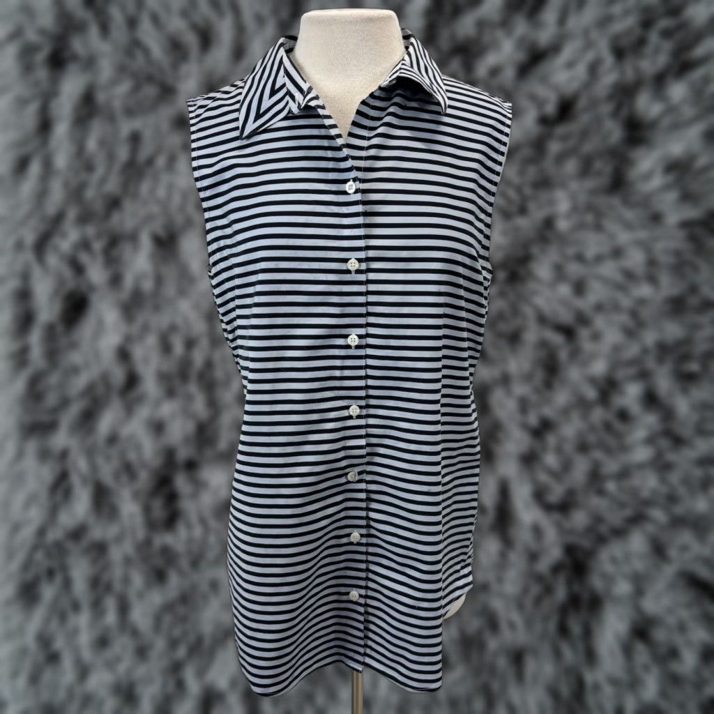 Vintage Chicos Striped Button-Up Tunic Shirt Sz 3 US X-Large Sleeveless Non-Iron Classic Blue/Grey, Black Women Shirt Mens? Size XL / US 12-14 / IT 48-50 - 1 Thumbnail