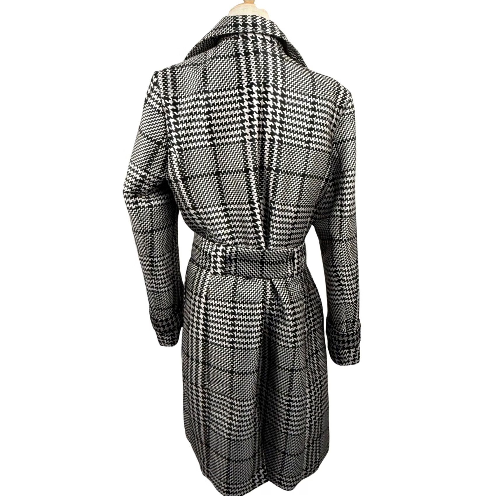White House Black Market WHBM Coat Houndstooth Belted Blazer Jacket Women L Multicolor Black White Trench Coat Fall Winter Spring Career Chic EUC Size L / US 10 / IT 46 - 4 Thumbnail