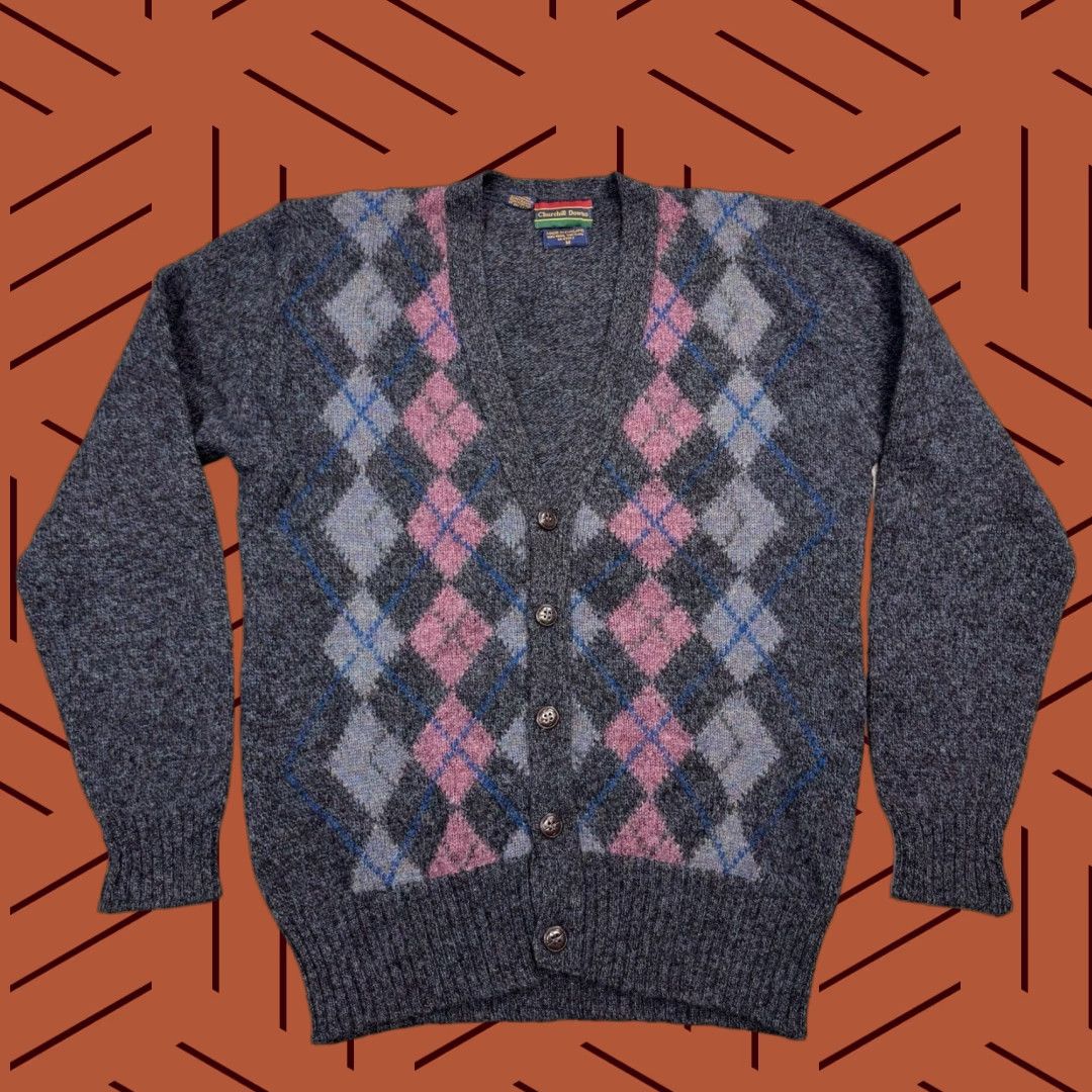 VINTAGE Churchill Downs Cardigan Adult M Multicolor Wool Argyle Button Knit Sweater Classic Preppy Golf Mens