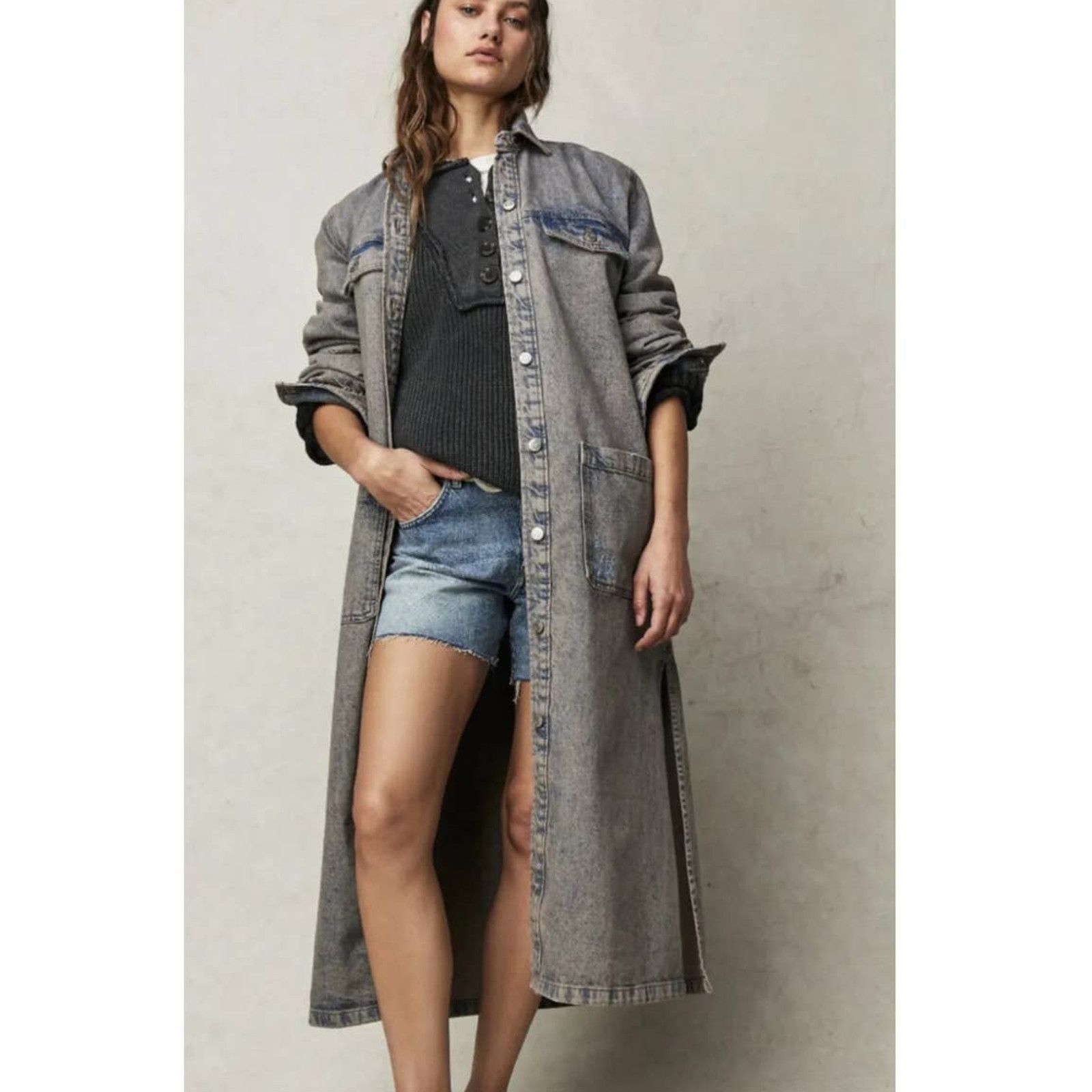 Free People New Free People Anna Lou Denim Duster $168 X-SMALL Blue Size XS / US 0-2 / IT 36-38 - 1 Thumbnail