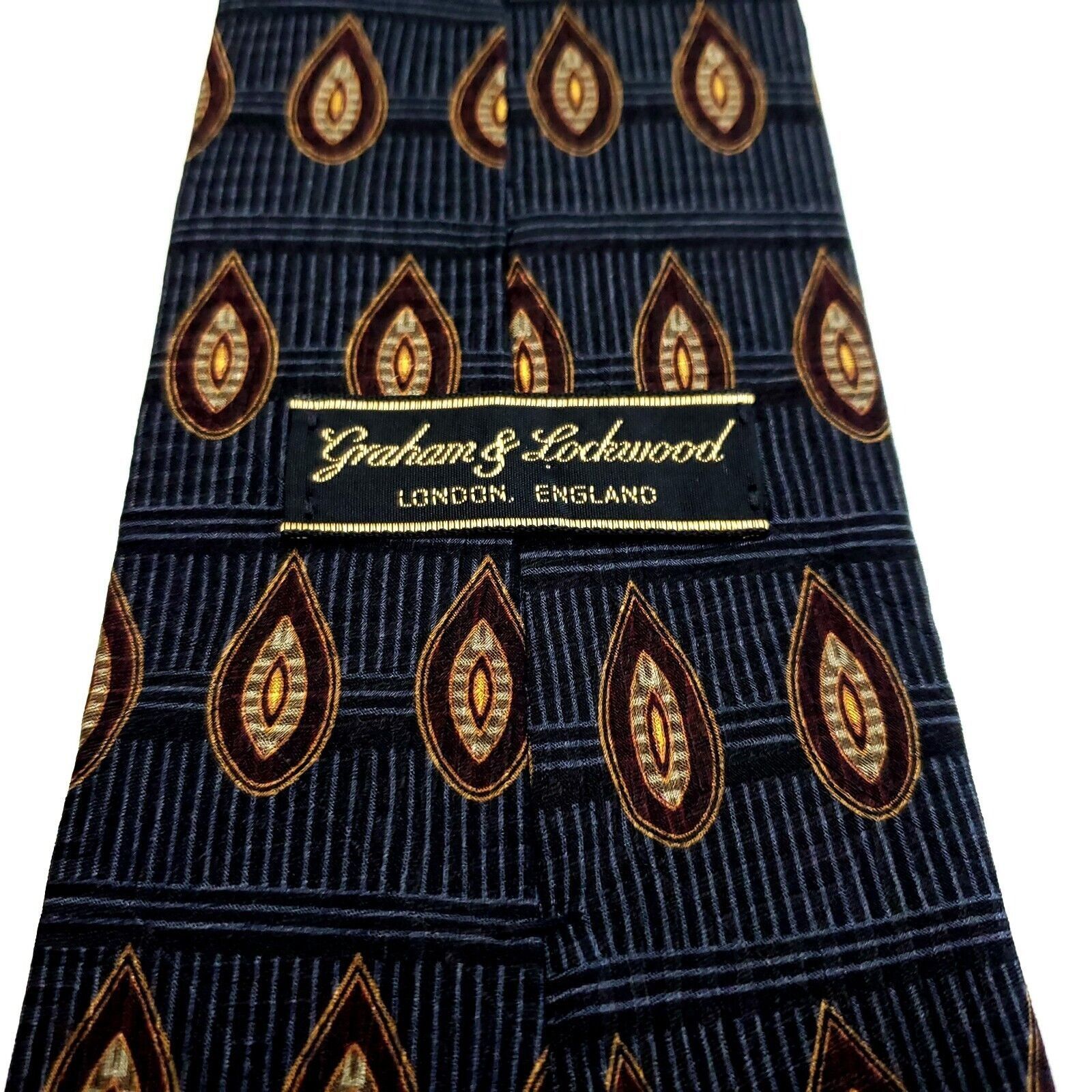 Designer Graham & Lockwood England Silk Tie Woven Blue Gray Brown Geo Size ONE SIZE - 4 Thumbnail