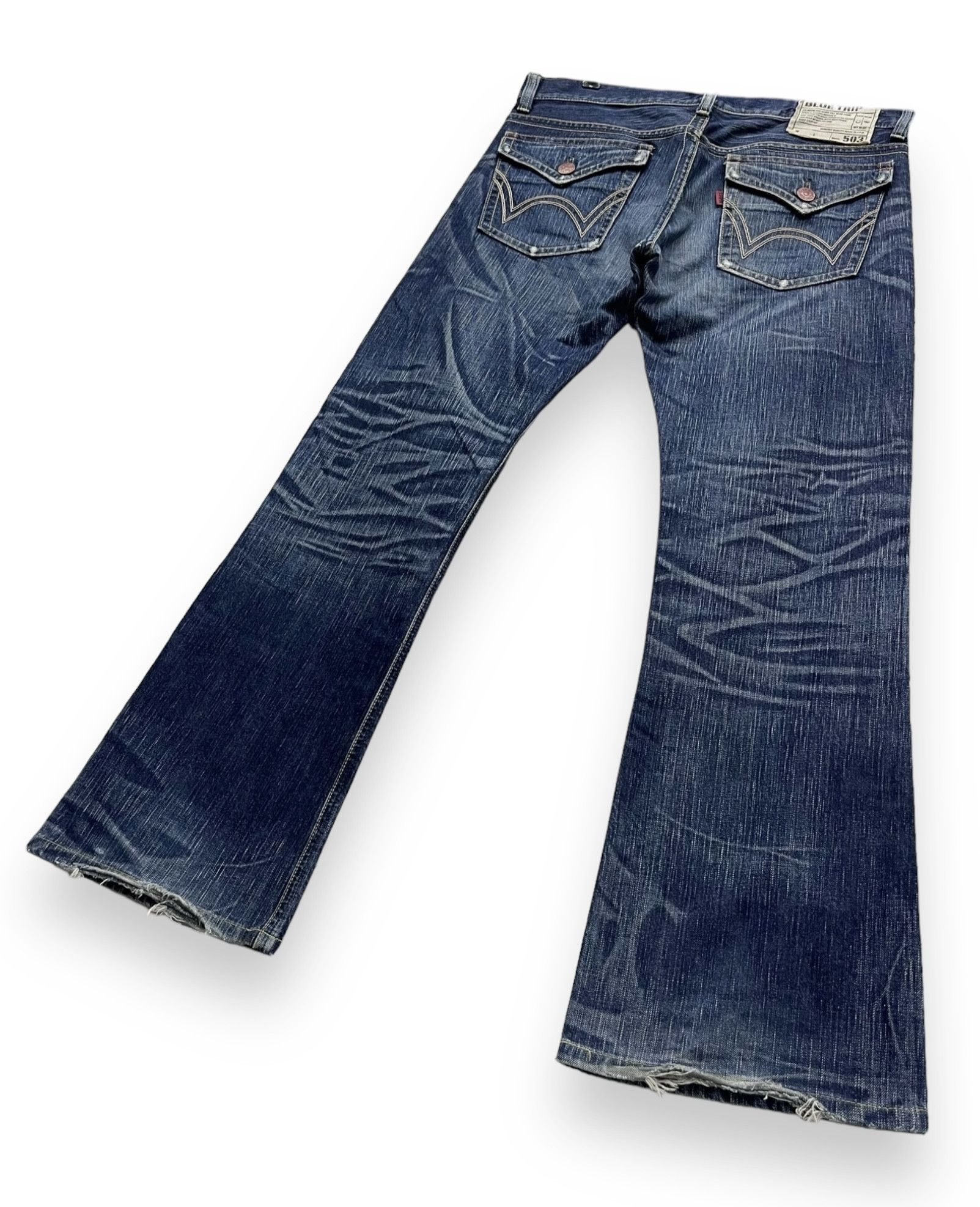 Edwin × Japan Blue × Le Grande Bleu (L.G.B.) 🔥FYE💥EDWIN 503 FLARE BLUETRIP Distressed Raw Blue Japan🔥 Size US 34 / EU 50 - 5 Thumbnail