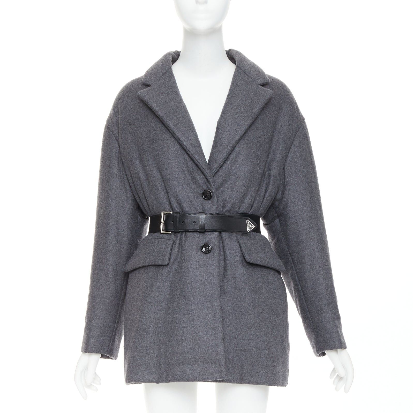 Prada PRADA 2022 grey cashmere wool silver logo leather belted padded coat IT40 S Size S / US 4 / IT 40 - 1 Thumbnail