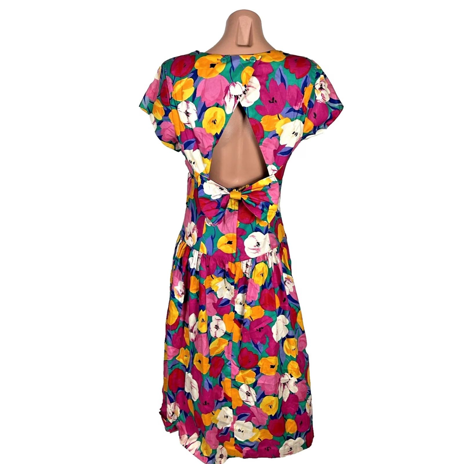 Vintage VINTAGE John Richard Sundress Shirt Dress 80s Floral Red 12 Women/Adult Mod Disco Bow Keyhole Back Occassion Day Dress Size XL / US 12-14 / IT 48-50 - 2 Thumbnail