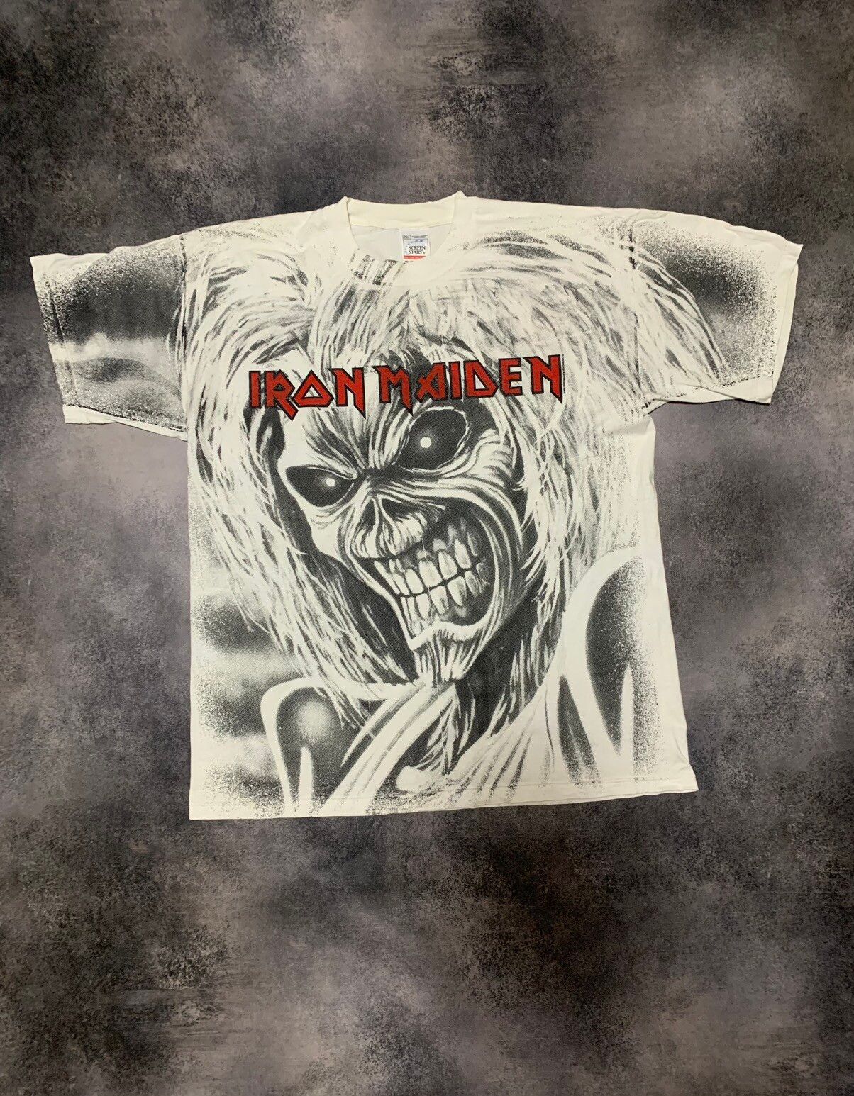 Pre-owned Band Tees X Iron Maiden 90's All Over Print Iron Maiden Vintage Tee Shirt In White