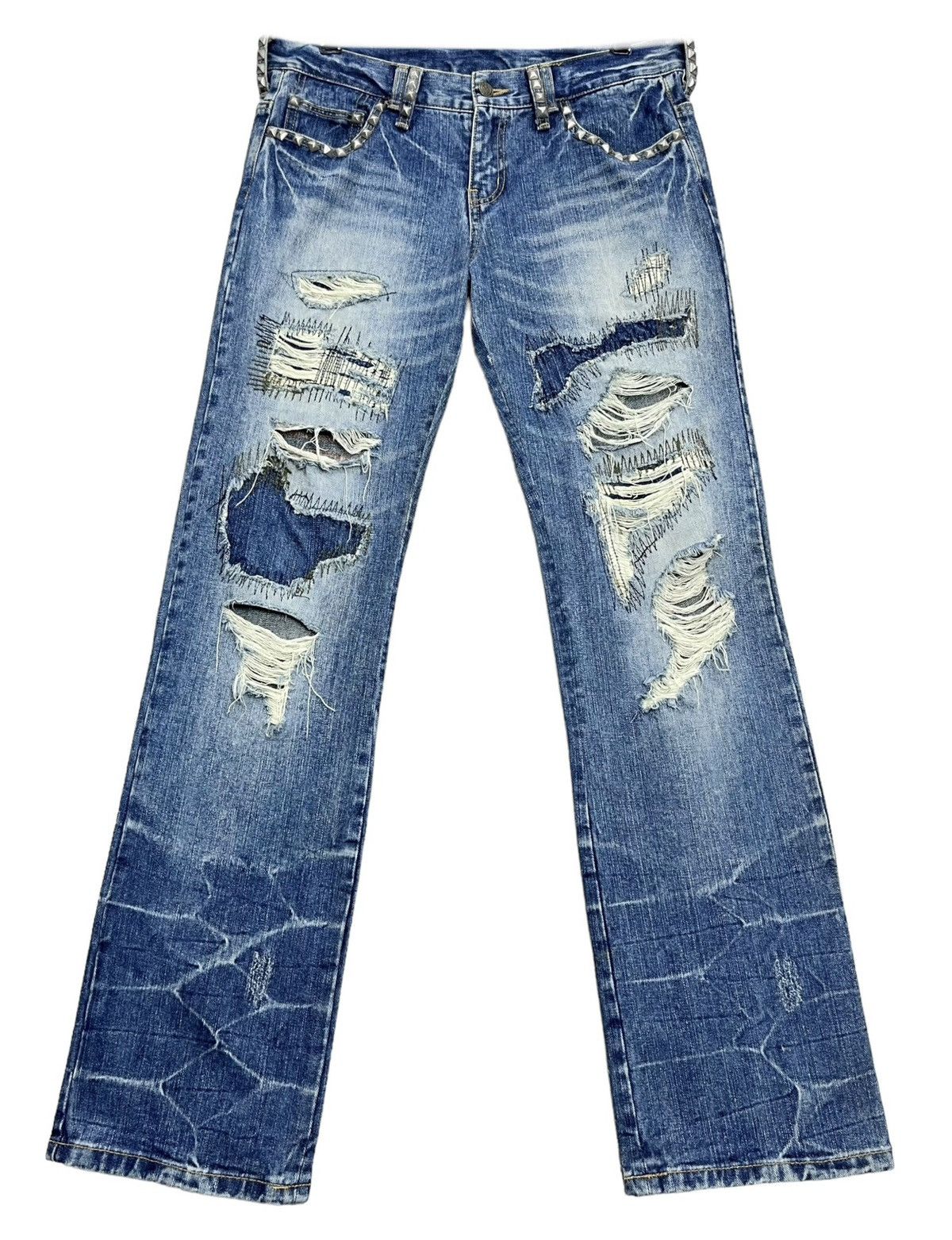 Designer 🔥FYE🔥Vtg MCD Studded Boro Patchwork Distressed Punk Denim Size US 31 - 3 Thumbnail