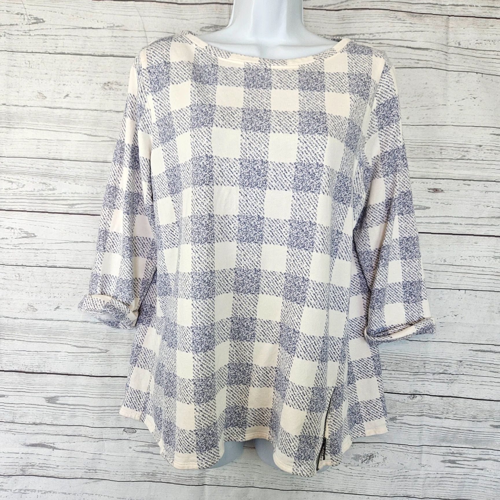 J. Jill J. Jill Blouse Womens Top 3/4 Sleeve Checkered Blue White Cotton Blend M Multicolor Womens Size M / US 6-8 / IT 42-44 - 2 Thumbnail