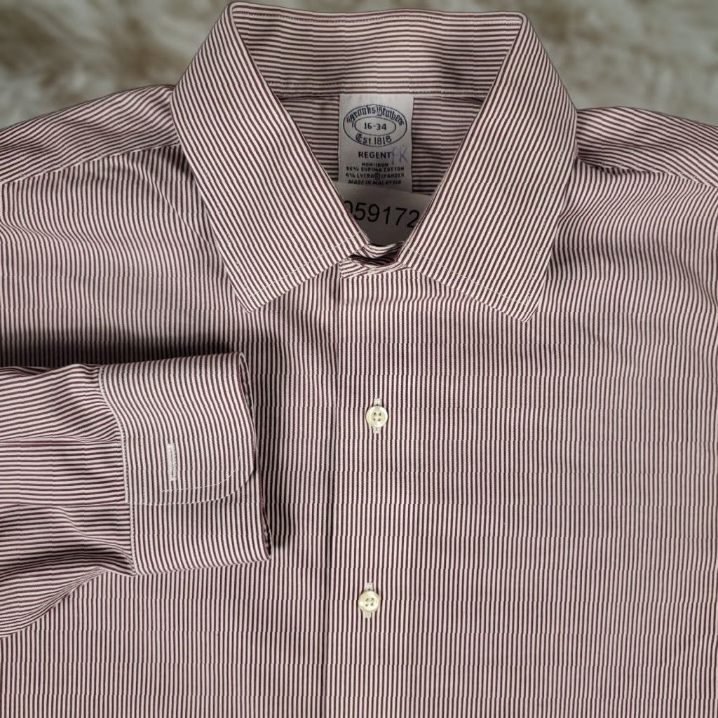 Brooks Brothers VINTAGE Brooks Brothers Dress Shirt Men 16 Long Sleeve Cotton Maroon Striped Business Formal Classic Size 42R - 1 Thumbnail