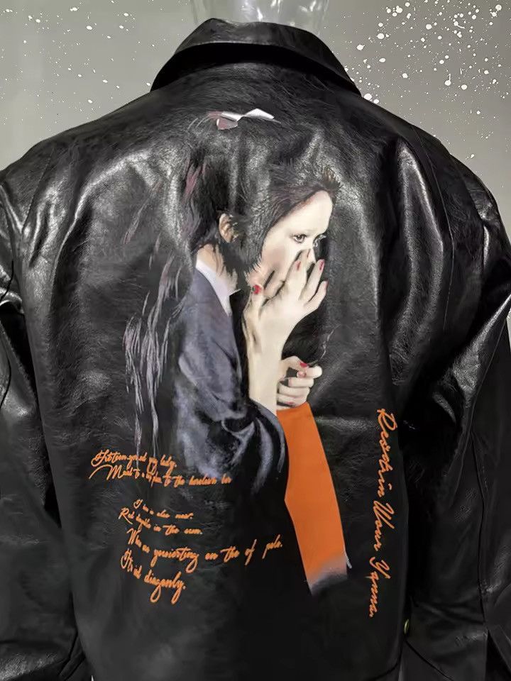 Japanese Brand Black Faux Leather Graphic Print Jacket, Relaxed Fit Size US L / EU 52-54 / 3 - 9 Thumbnail