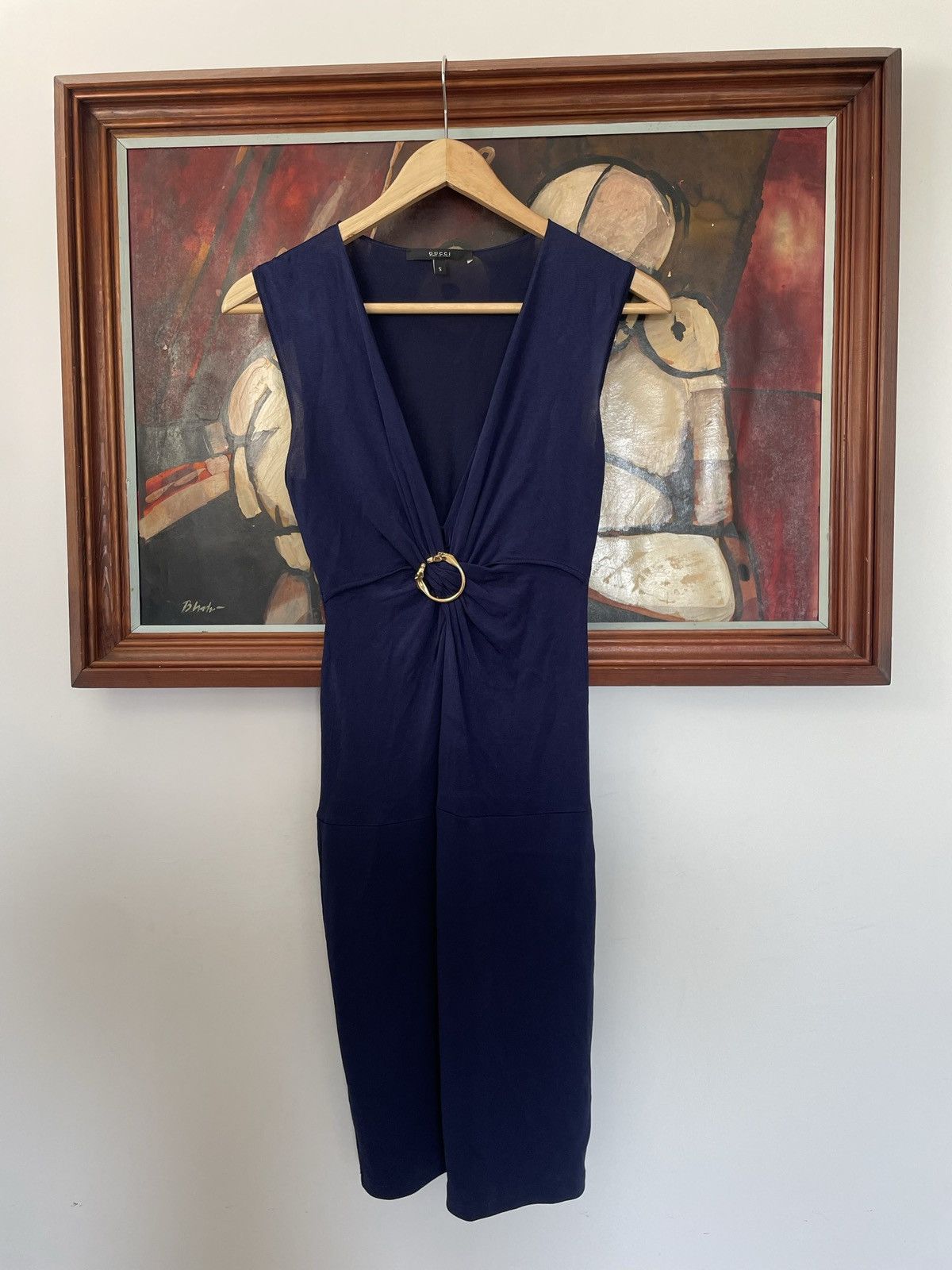 image of Gucci Maxi Dress Classy Navy Blue Gold Designer Women (Size Small)