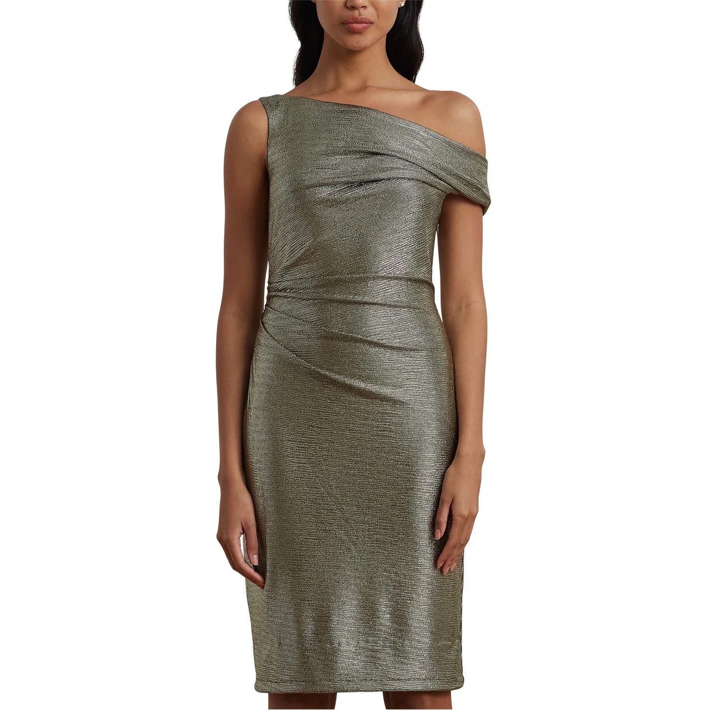 Lauren Ralph Lauren o1g2r1mq0825 Metallic One-Shoulder Cocktail Dress Green/Gold Size M / US 6-8 / IT 42-44 - 2 Thumbnail