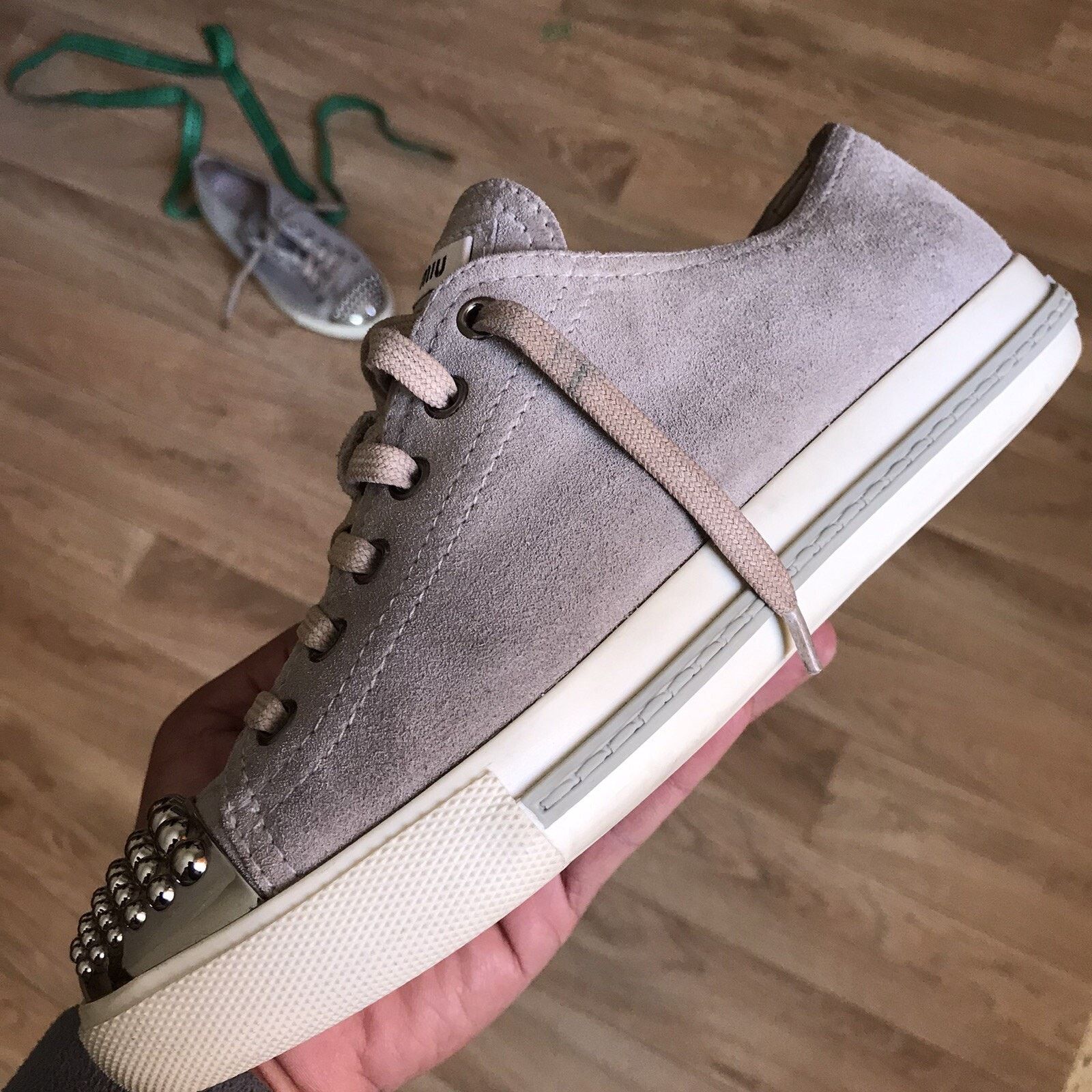 Miu Miu MIU MIU Womens Sneakers Suede Leather Shoes Studded Toe Size US 7 / IT 37 - 11 Thumbnail