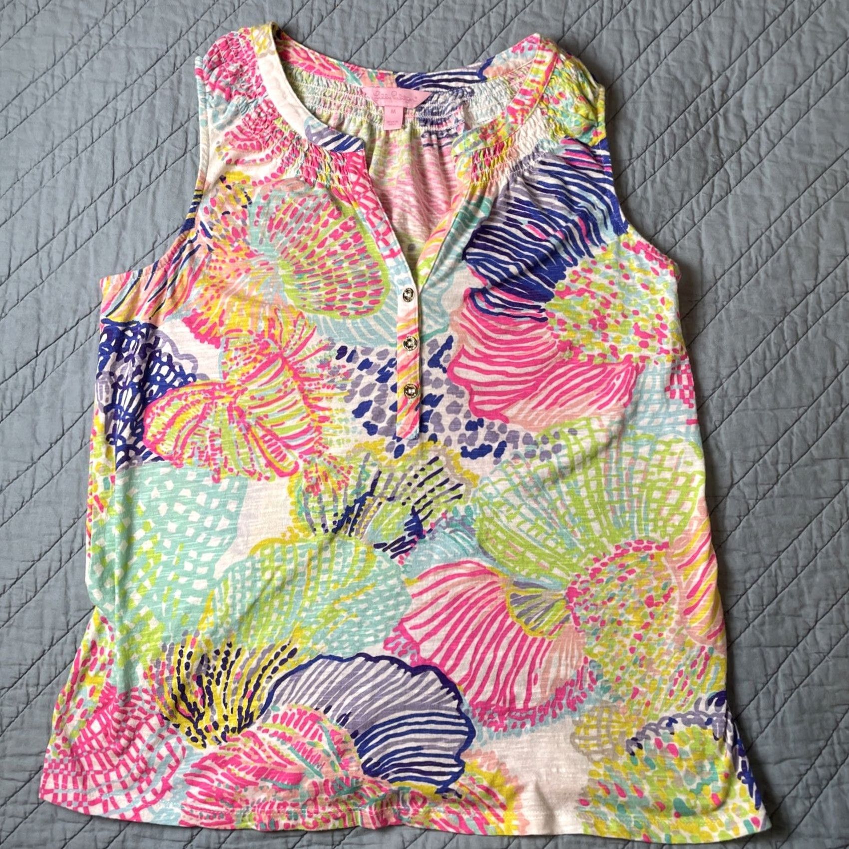 Lilly Pulitzer Lilly Pulitzer Tank Top M Multicolor Floral Beach Spring Summer Womens Roar Of The Seas Green Pink Purple V-Neck Sleeveless Cotton Size M / US 6-8 / IT 42-44 - 4 Thumbnail