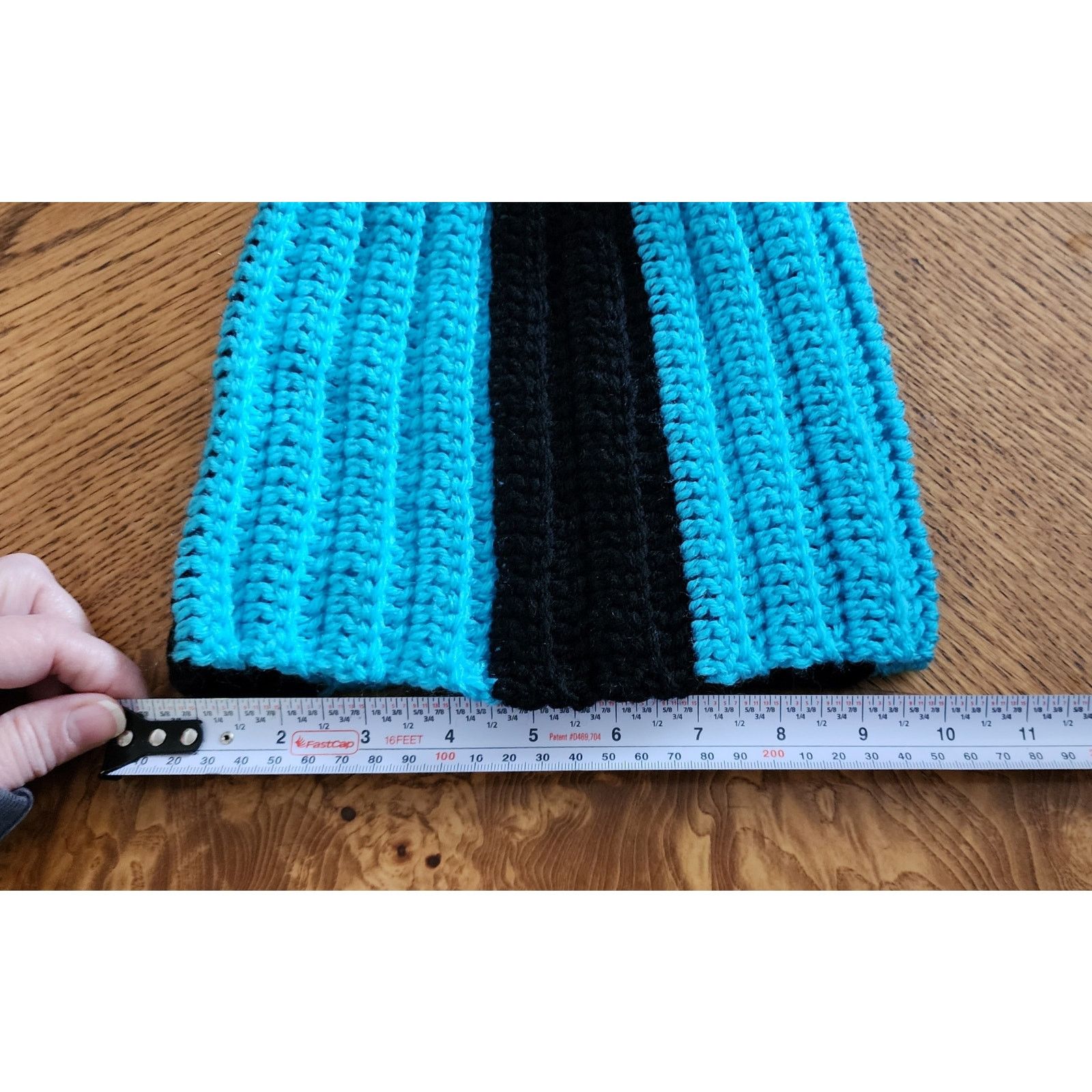 Handmade Handcrafted crocheted blue and black winter beanie. Size ONE SIZE - 3 Thumbnail