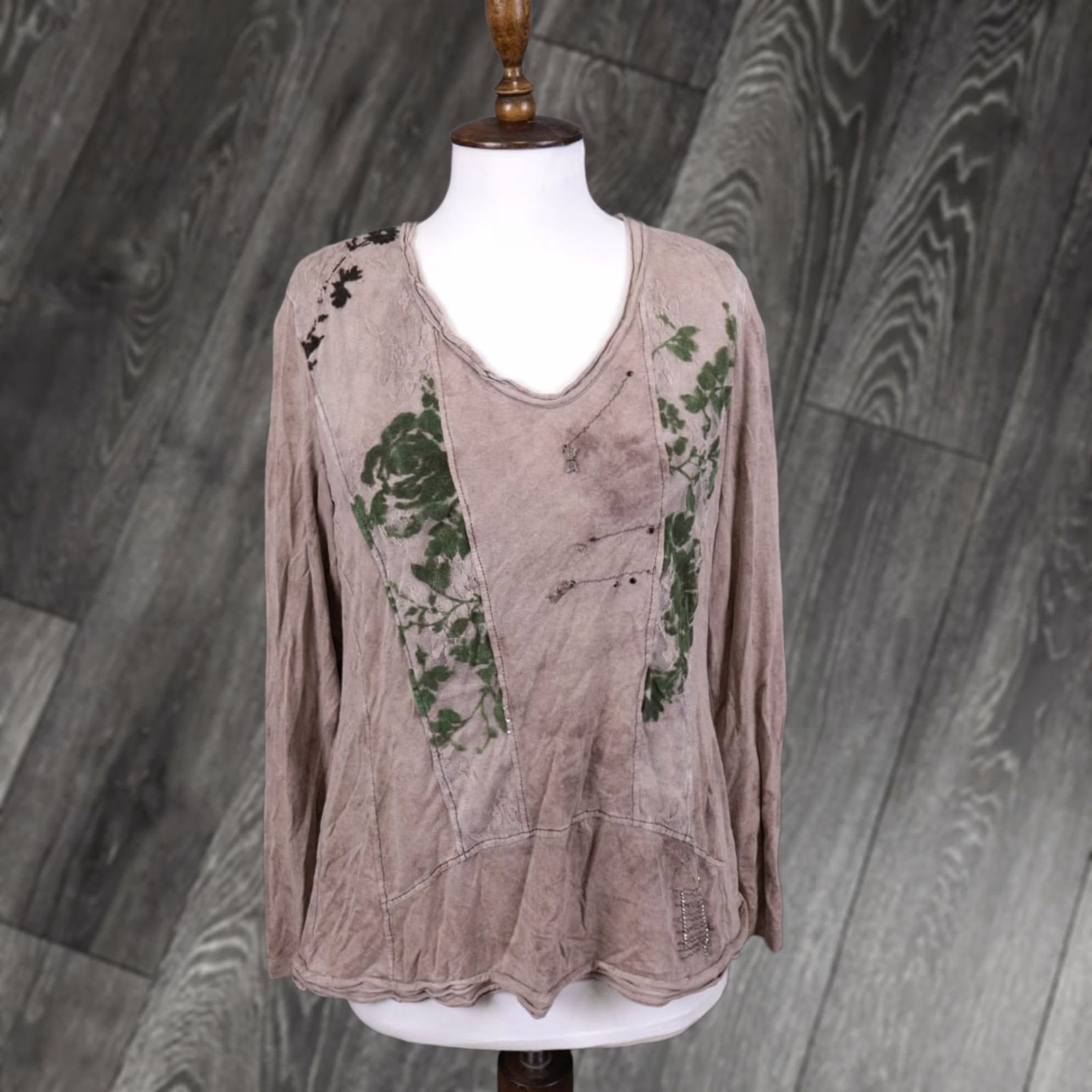Elisa Cavaletti Blu Sono Italiano Brown Lagenlook Long Sleeve Tunic Shirt XXL Brown, White Embroidered Tunic Shirt