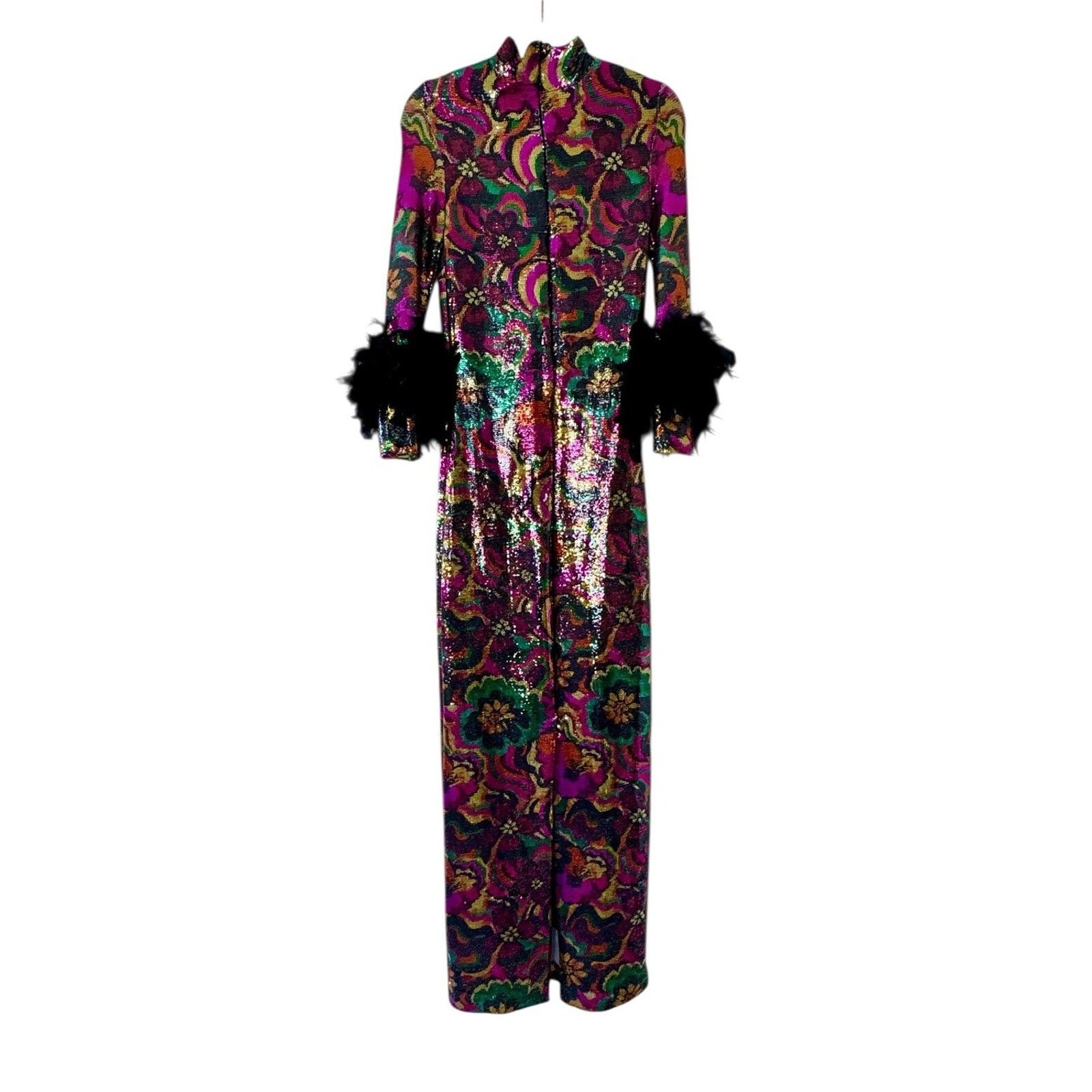 Other JENNIFER GRACE Catroux Sequin Feather Long Dress In Hysteria Size XXS / US 00 / IT 34 - 5 Thumbnail