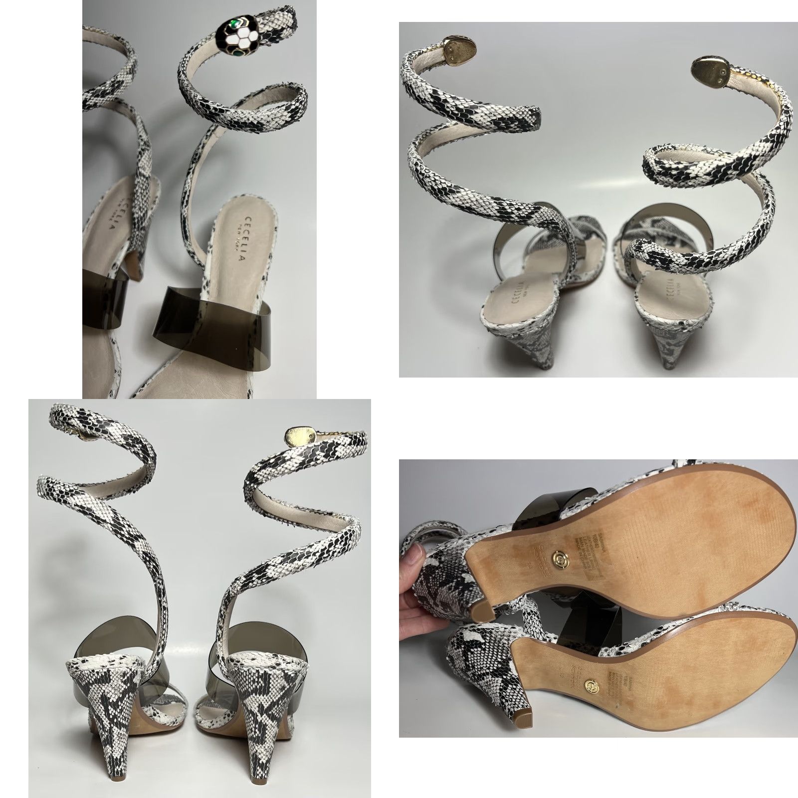 Vintage Cecelia New York Sabrina Ankle Wrap Sandal Black White Snake Embossed 10 Women Heel Strappy Leather Synthetic Snake 90s? Size US 10 / IT 40 - 8 Thumbnail