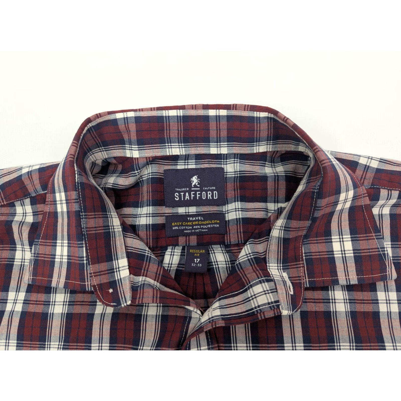 Stafford Stafford Dress Shirt Men's 17 32/33 Maroon Travel Easy Care Check Broadcloth Shirt Red Cotton Blend Knit Size 46R - 7 Thumbnail