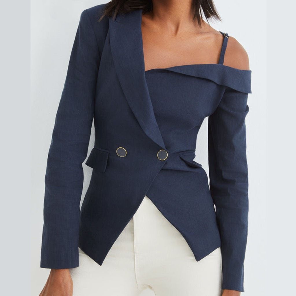 image of New Veronica Beard Jacket Mazur Blue One Shoulder Double Bre, Women's (Size Large)
