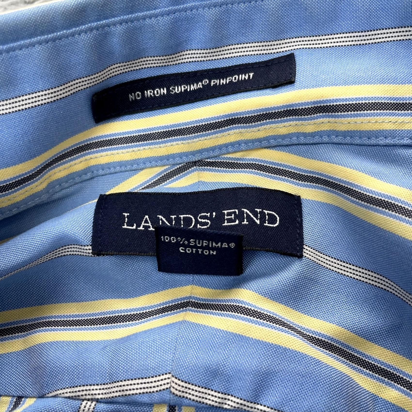 Lands' End VINTAGE Lands End Shirt Mens Large Blue No Iron Supima Pinpoint Dress Striped Size 46R - 4 Thumbnail