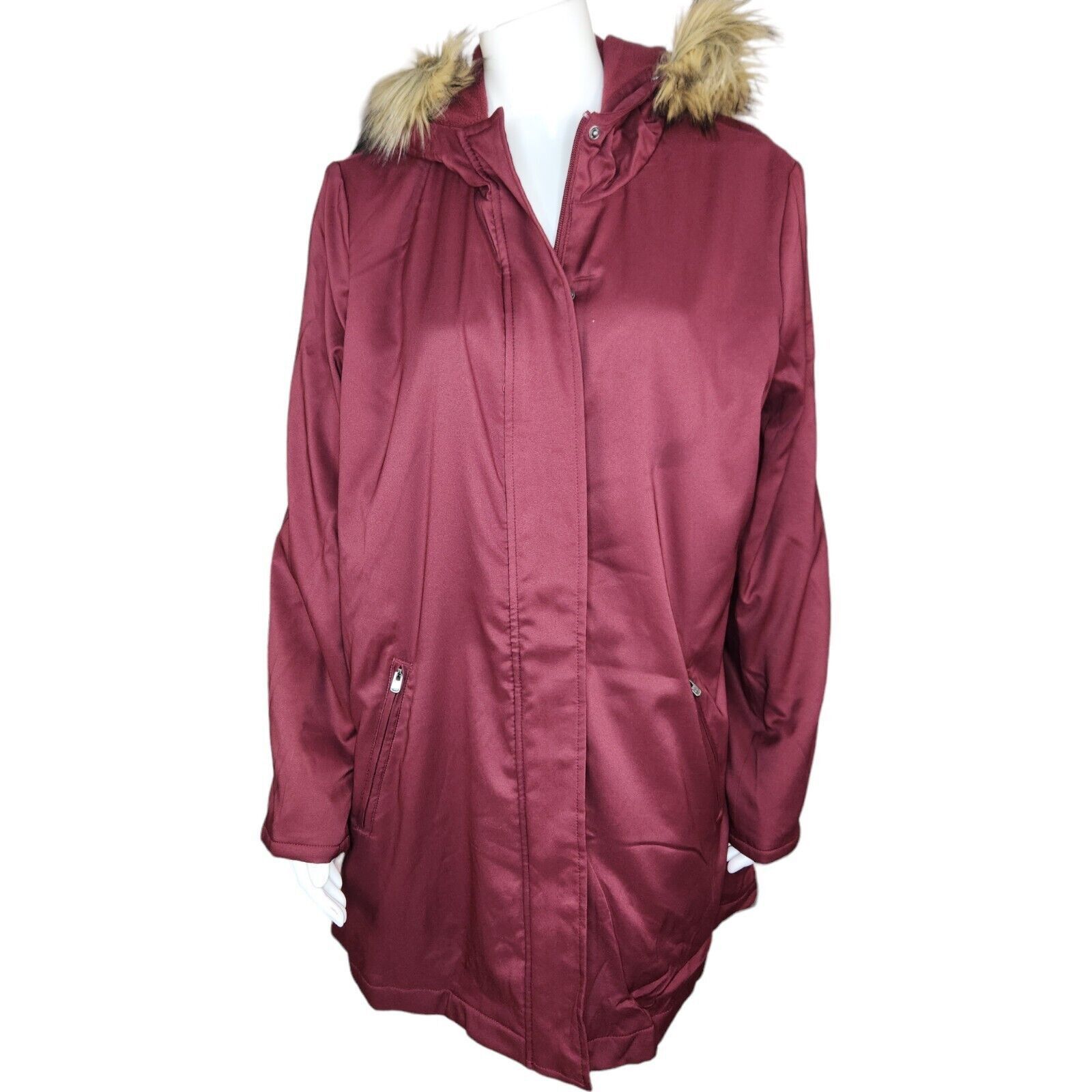 Denim & Co. Denim & Co Zip Front Twill Jacket Faux Fur Hood Wine Medium Size M / US 6-8 / IT 42-44 - 1 Thumbnail