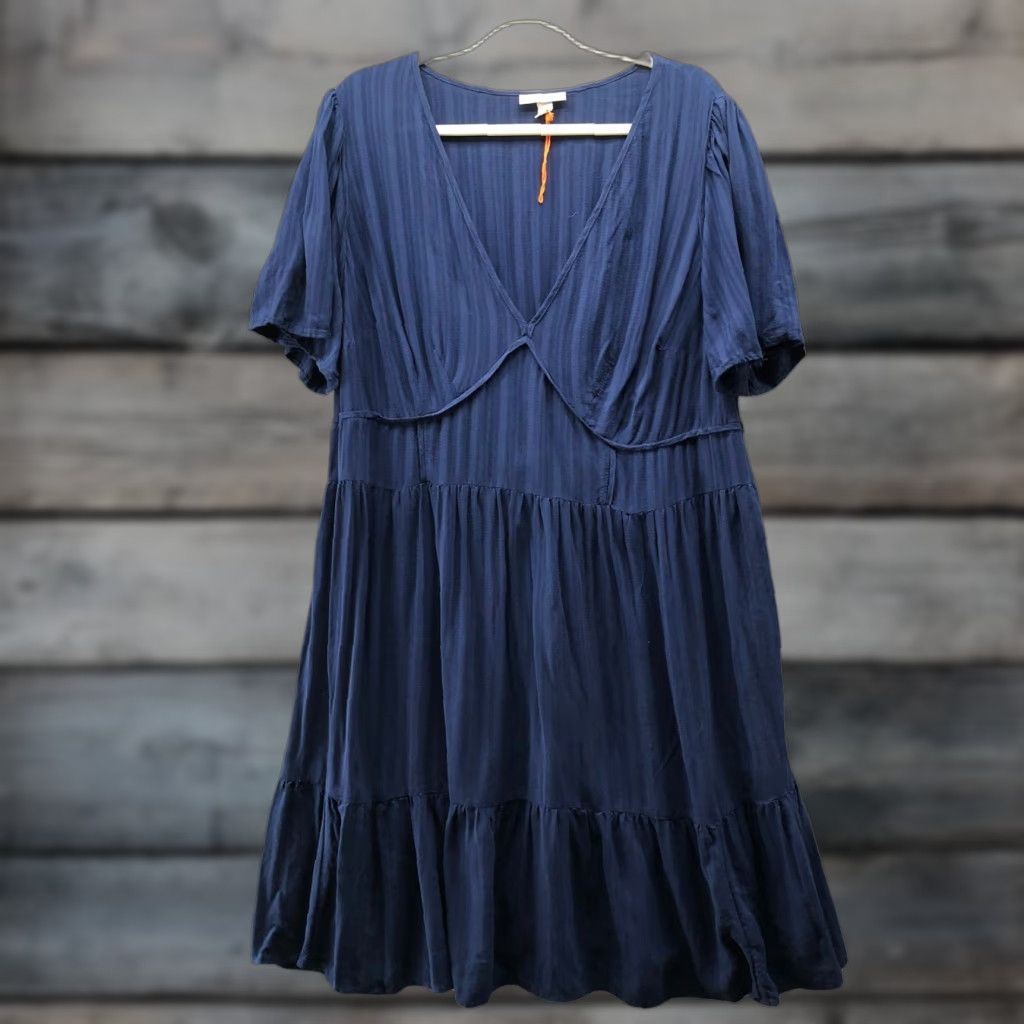Vintage VINTAGE Knox Rose Tiered Mini Dress Womens 1X Navy Blue Rayon V-Neck Short Sleeve Size 40" / US 18 - 1 Thumbnail