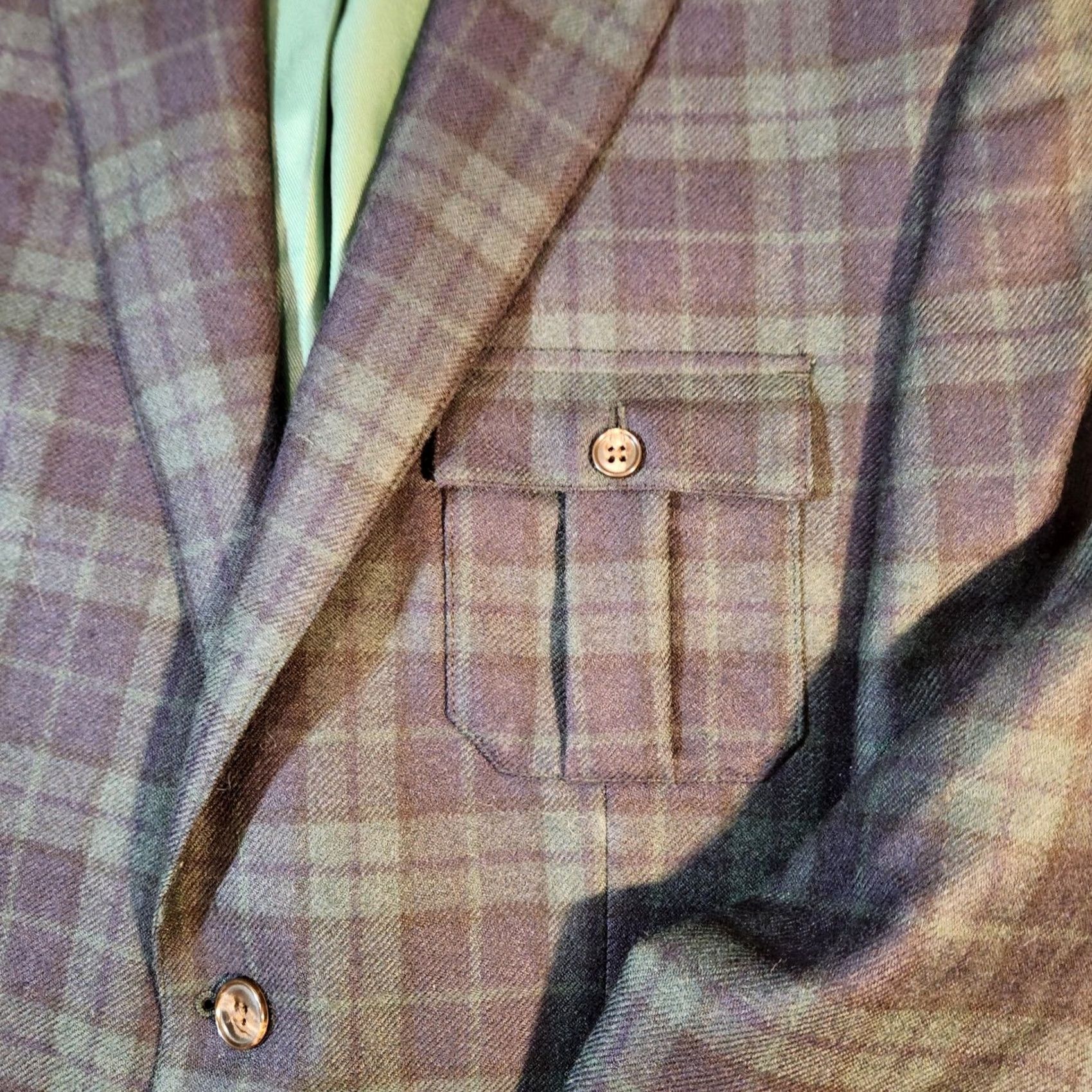 Izod VINTAGE IZOD Blazer Mens Sport Coat Plaid Wool Green Blue 40s 2 Button Notch Lapel Jacket Size 40R - 2 Thumbnail
