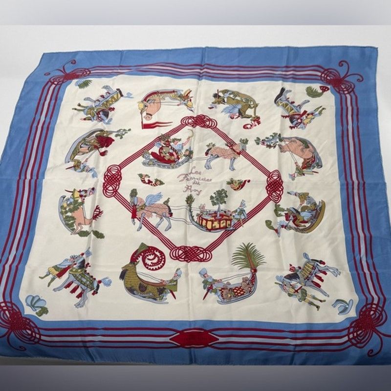 Hermes Hermes silk scarf red/blue colorway/whimsical sleds horses Size ONE SIZE - 1 Thumbnail