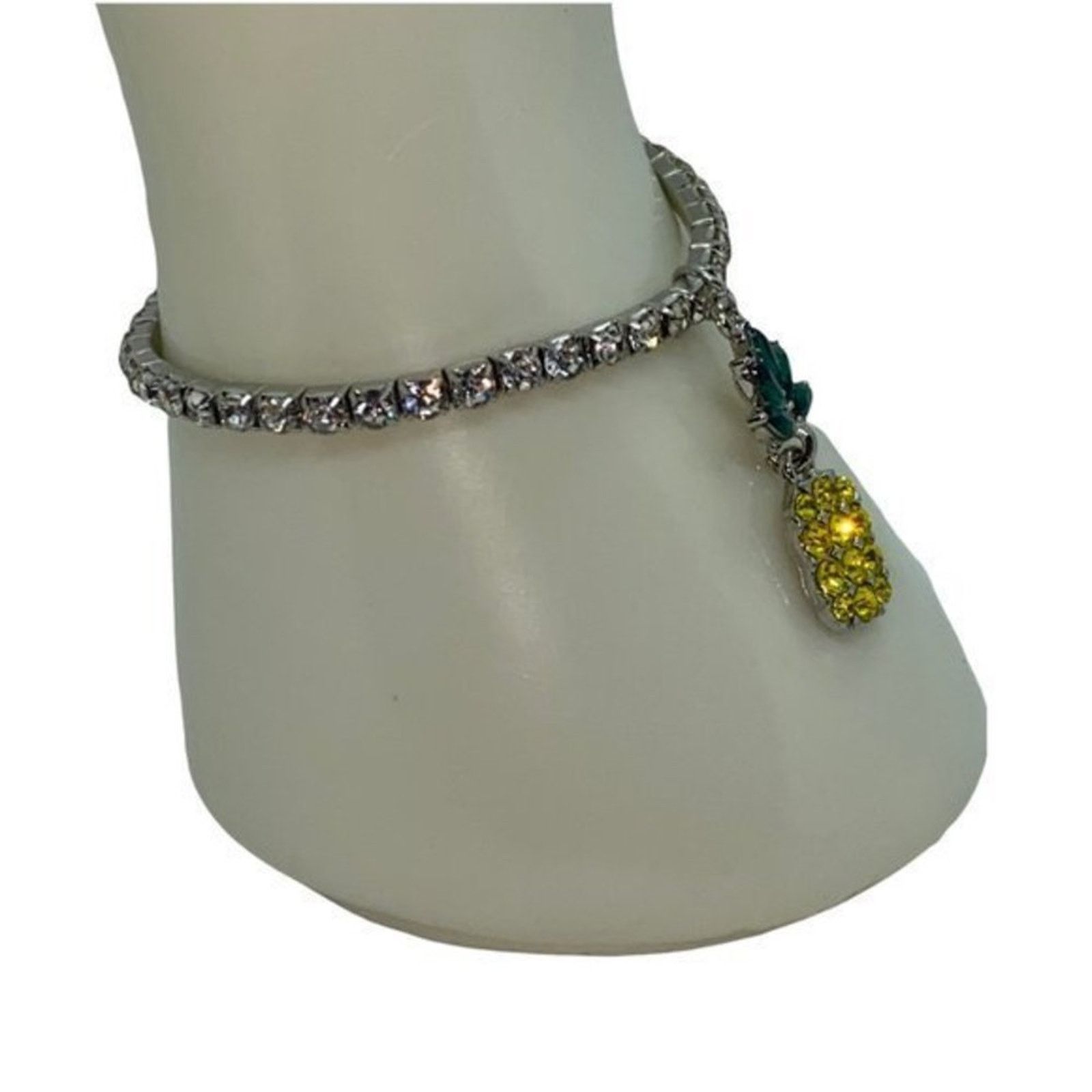 Boutique Moschino Silver Green Yellow Pineapple Rhinestone Stretch Bracelet Size ONE SIZE - 3 Thumbnail