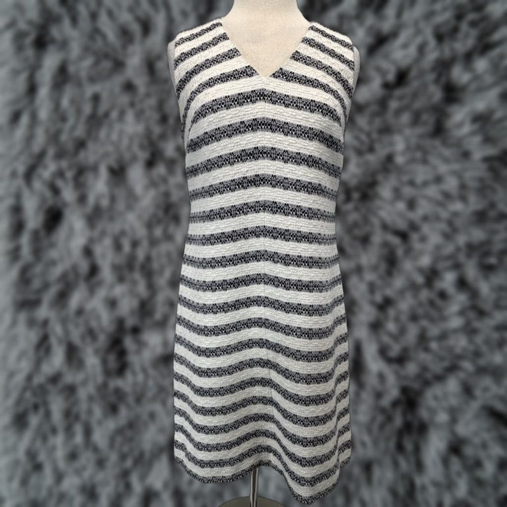 J.Crew J.Crew Dress Womens 8 A-line Sleeveless Short Tweed Stripe White Navy V-Neck Lined Zip Party Cocktail Business Size 30" / US 8 / IT 44 - 1 Thumbnail