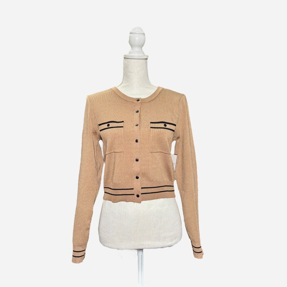 Laundry by Shelli Segal Laundry by Shelli Segal Camel Black Crew Neck Cardigan Sz M Size M / US 6-8 / IT 42-44 - 3 Thumbnail