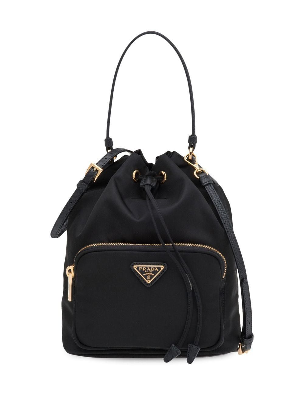 image of Prada Logo Leather Bucket Bag in Nero, Women's
