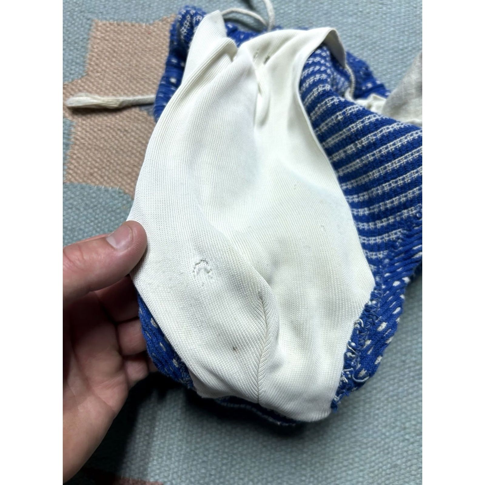 Vintage VINTAGE Brent Men's Swim Bottom Brief Trunks M High Waisted Blue White Cotton 1950s Boys? Size US 31 - 7 Thumbnail