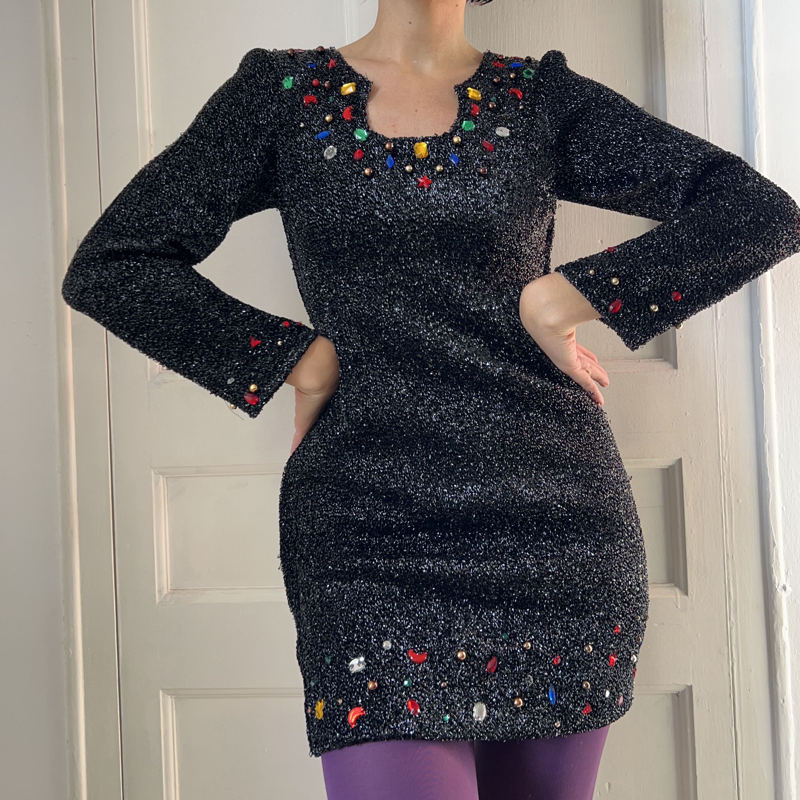 Vintage Vintage 80s Jeweled Black Lurex Mini Dress Size S / US 4 / IT 40 - 7 Thumbnail
