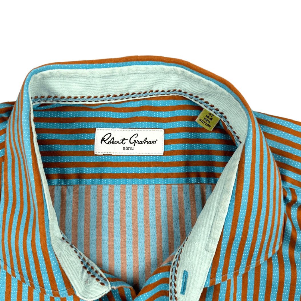 Robert Graham Robert Graham Shirt Adult XL Blue Striped Button-Down, Long Sleeve, Cotton, 27 Chest, 33 Length, Regular Fit, 47 Tag Size, Button Closure, Collared Size 46R - 3 Thumbnail