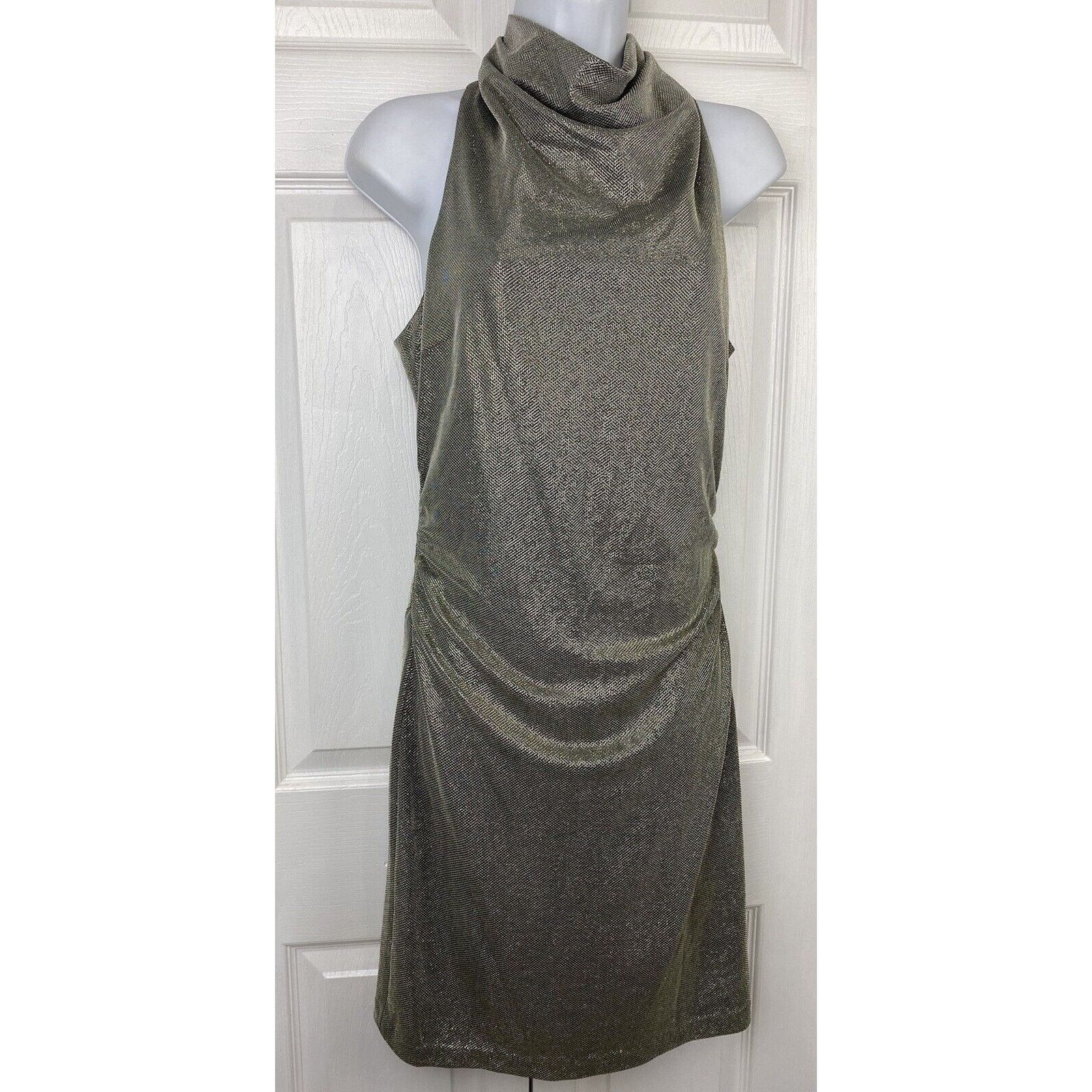 Halston Halston Mock Neck Dress Sleeveless Lined Gold Shimmer Cinch Size M / US 6-8 / IT 42-44 - 3 Thumbnail