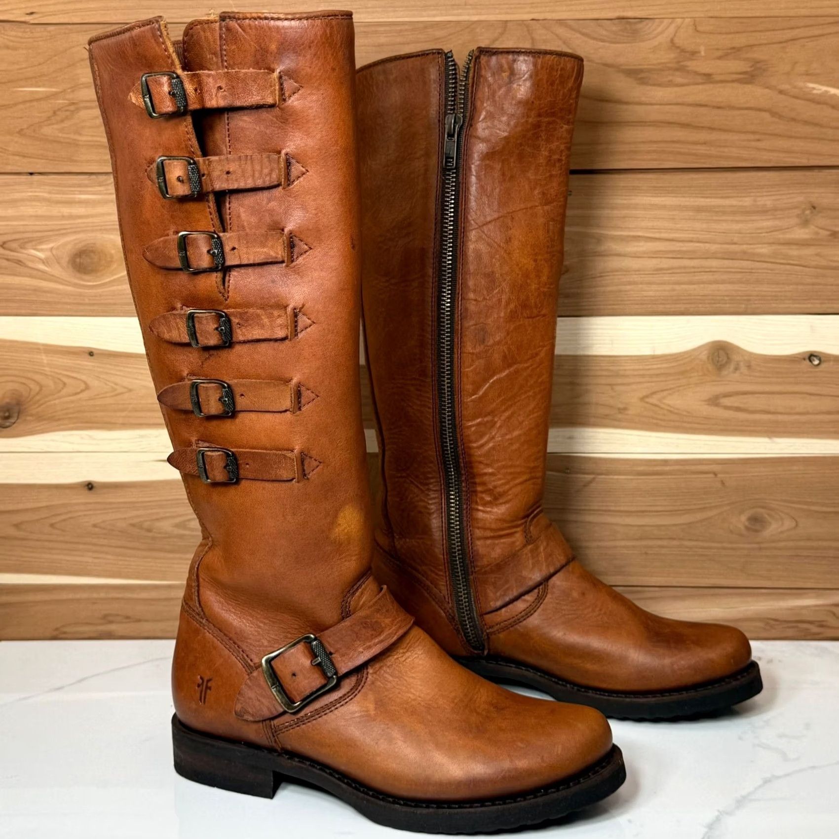Frye Frye Valerie 6 Strap Tall Boots Brown Leather Zip Brown Women’s 5.5 B Size US 6 / IT 36 - 6 Thumbnail