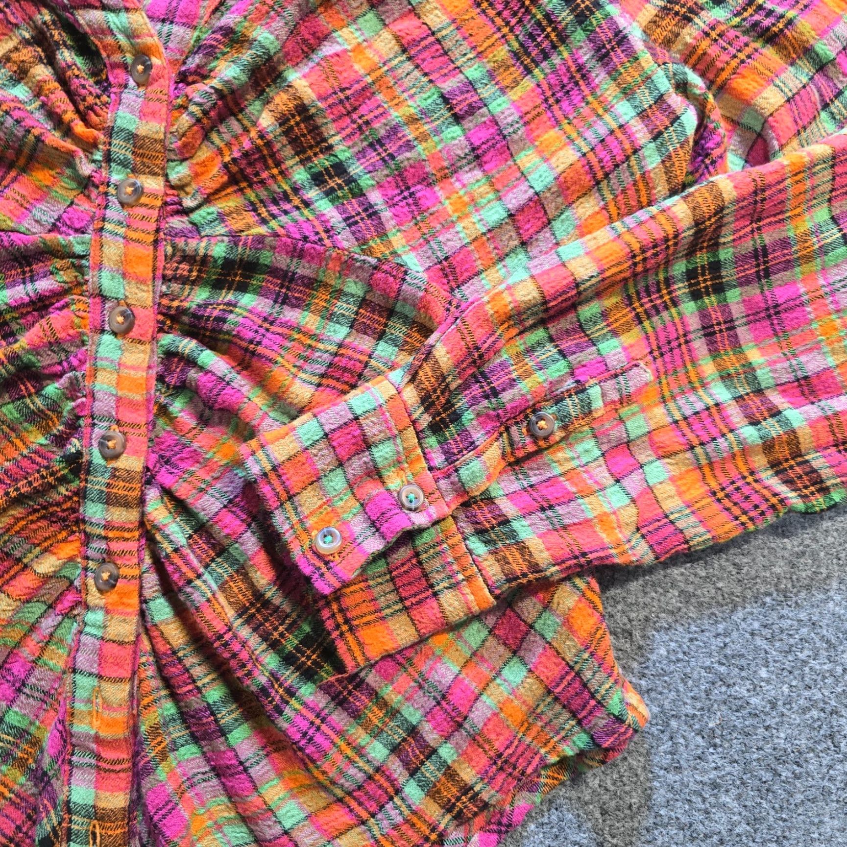 Vintage Pilcro Top Womens L Pink Plaid Gauze Texture Ruched Button Casual Shirt Size L / US 10 / IT 46 - 3 Thumbnail