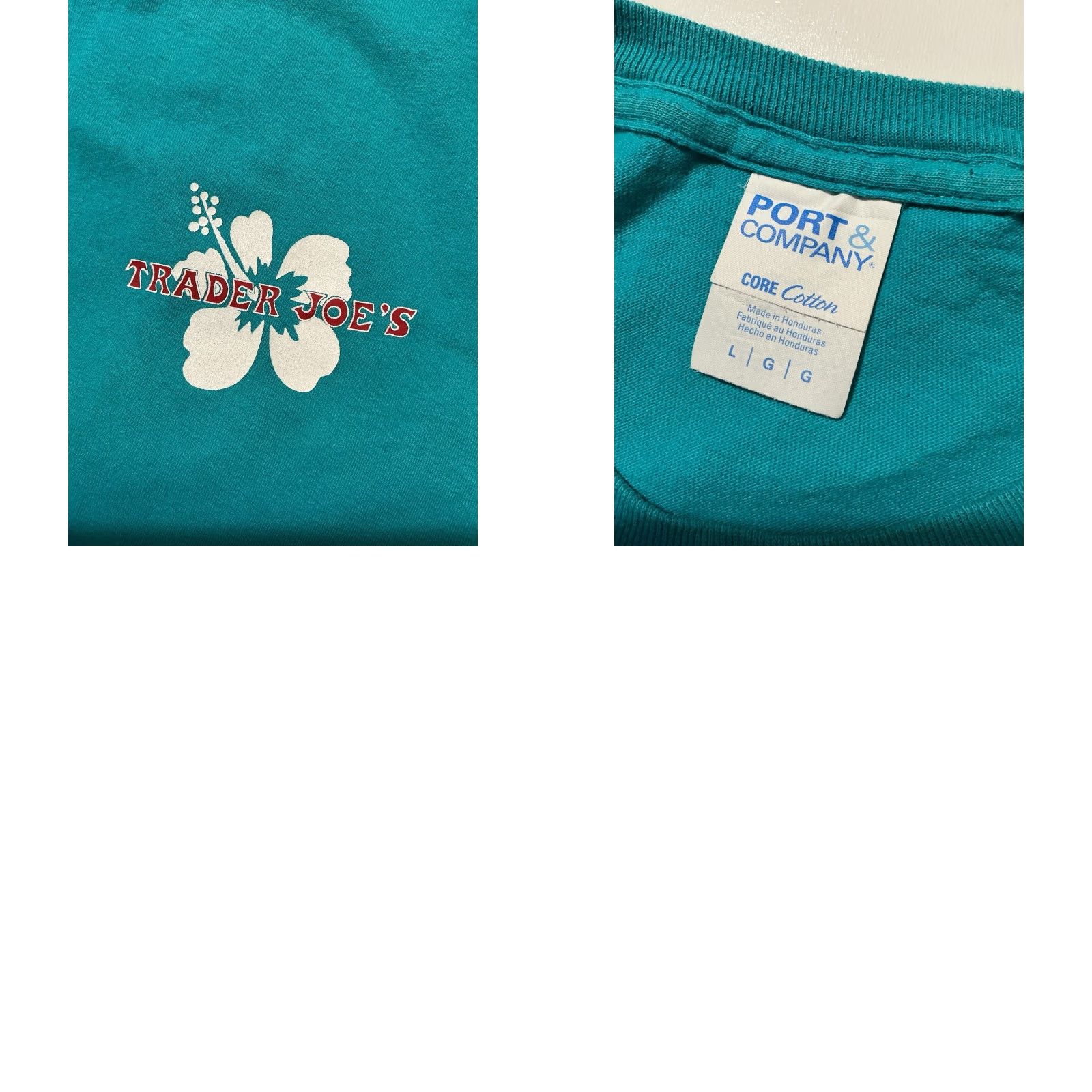 Port & Company VINTAGE Trader Joes Grocery Store Hibiscus Flower Graphic Teal S/S Employee Team Member T-Shirt Sz.L Size US L / EU 52-54 / 3 - 8 Thumbnail