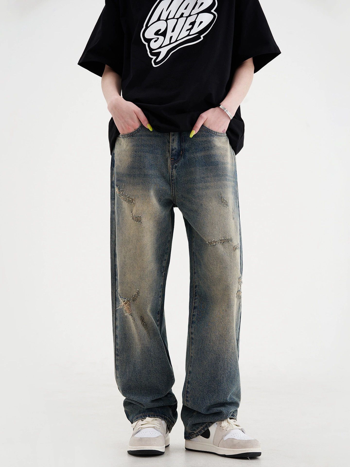 Men's American distressed straight washed ripped jeans