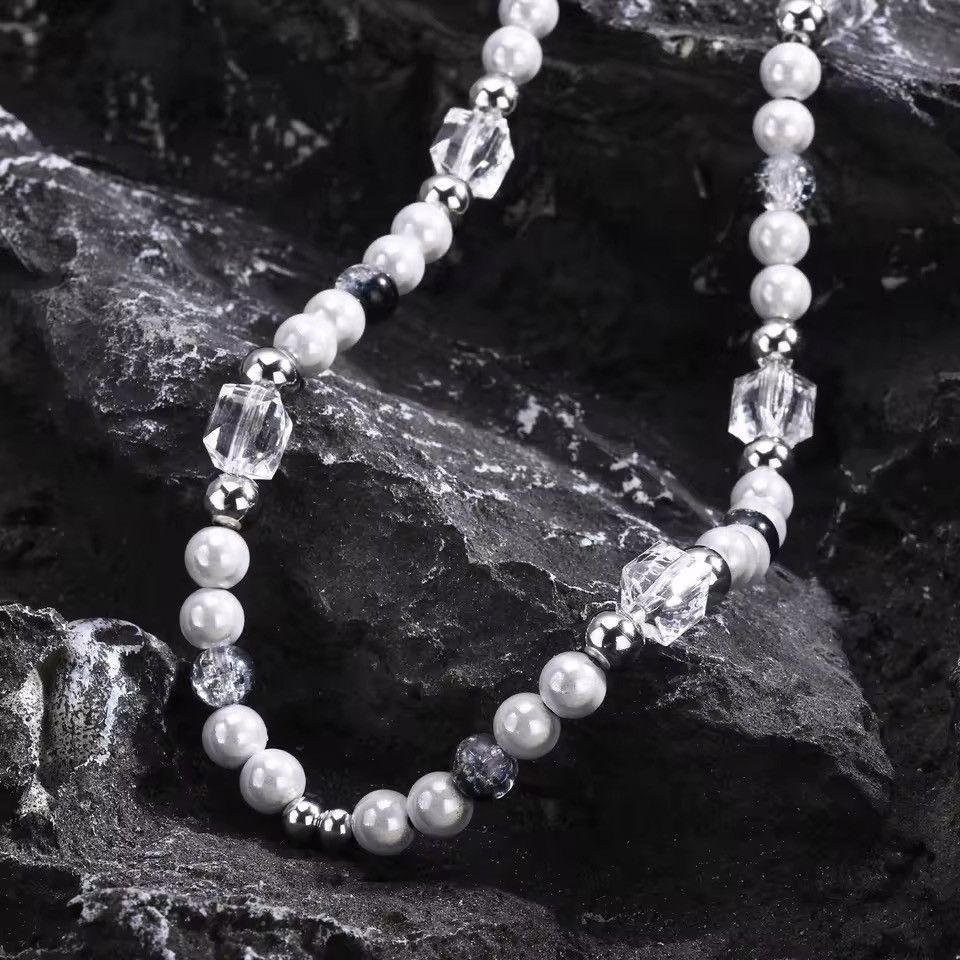 Jewelry × Vintage 8mm Beads Chain Necklaces Clear Glass Stone Beaded Collar Size ONE SIZE - 2 Thumbnail