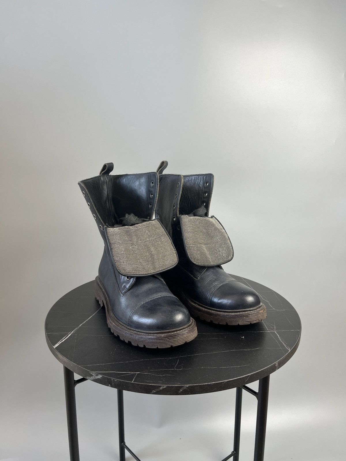 Brunello Cucinelli Brunello Cucinelli Blue Leather Combat Boots (Y0495) Size US 7 / IT 37 - 10 Thumbnail