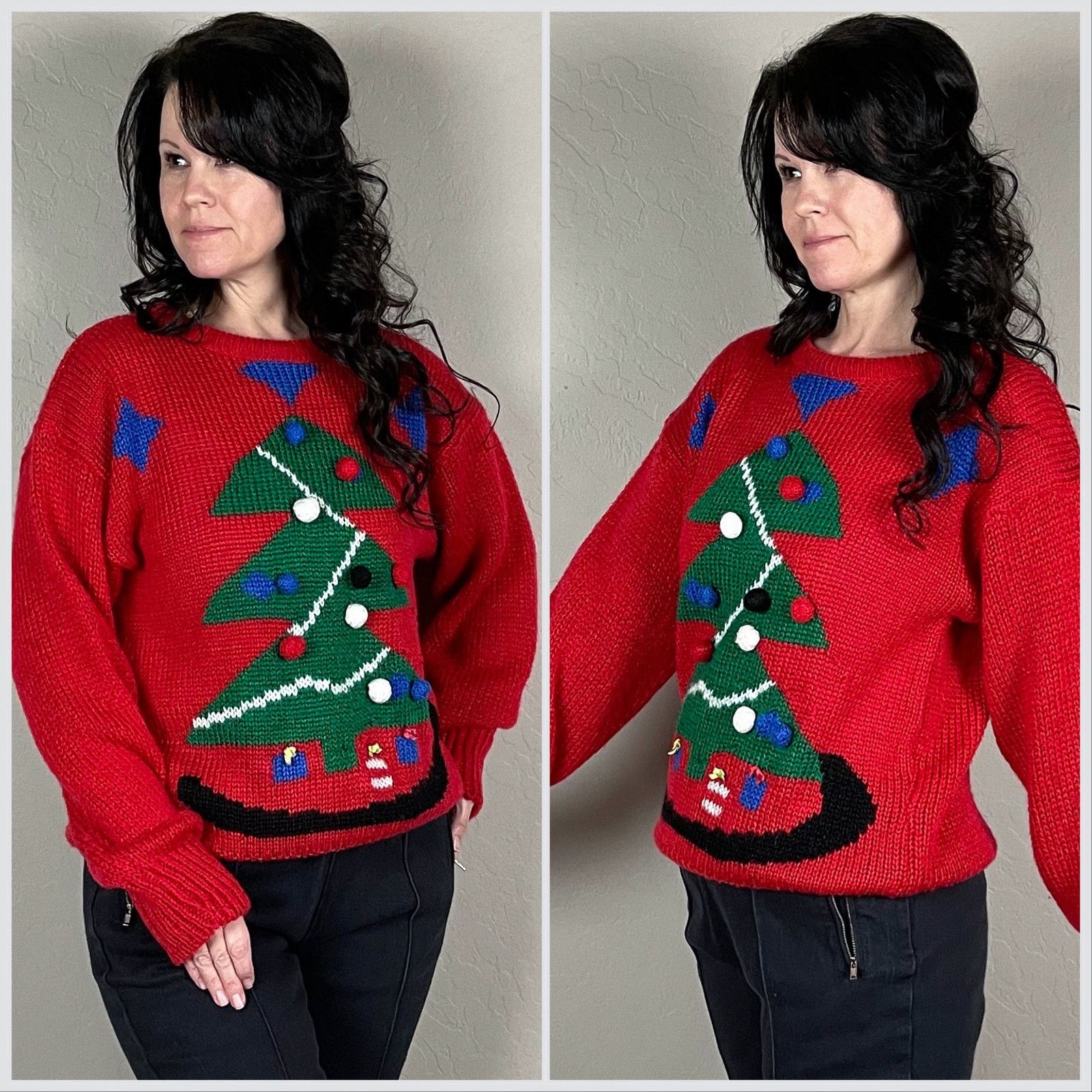 Vintage Vintage 1980s Red Christmas Tree 3D Graphic Holiday Sweater Size M / US 6-8 / IT 42-44 - 2 Thumbnail