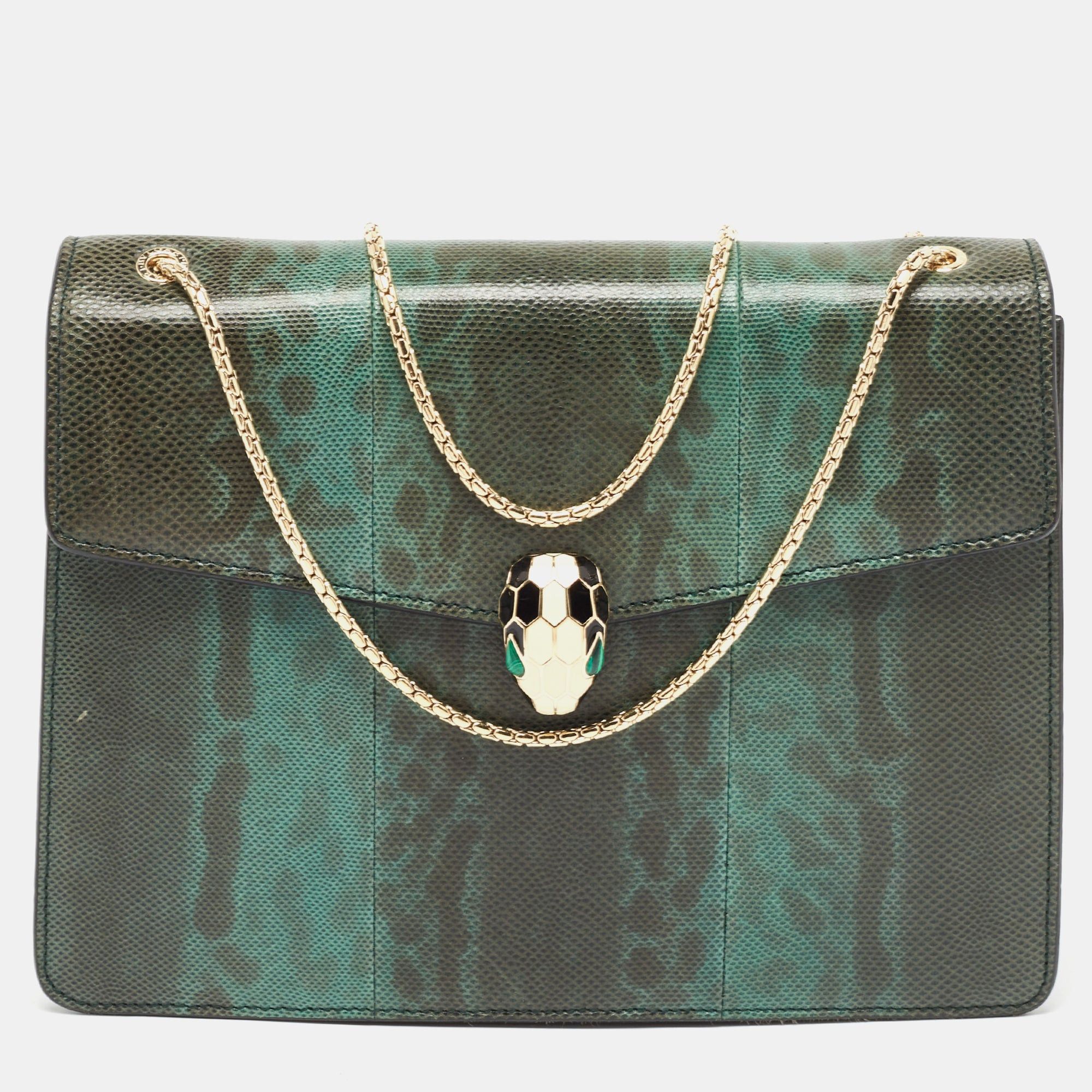 image of Bvlgari Green Karung Leather Large Serpenti Forever Shoulder Bag, Women's