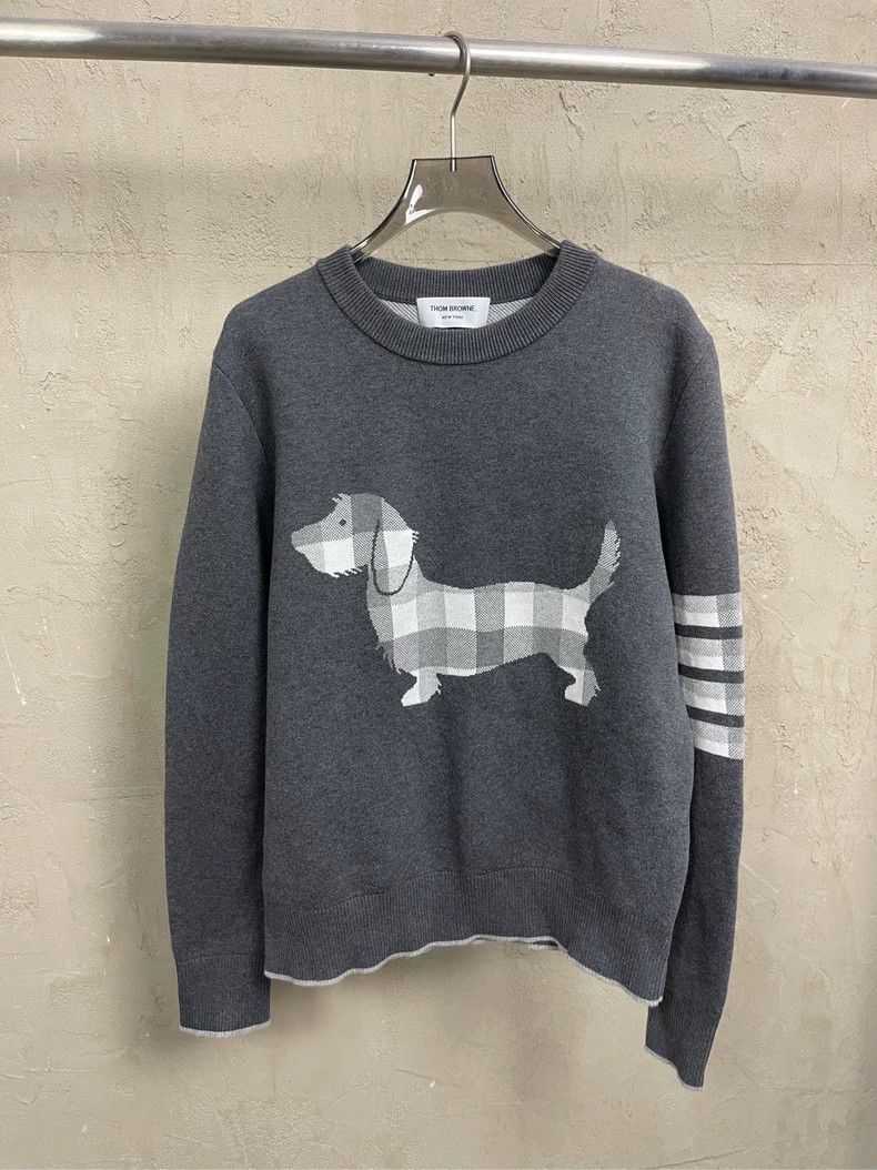 Thom Browne Thom Browne size2 Gray four stripe puppy knit round neck sw Size US M / EU 48-50 / 2 - 1 Thumbnail
