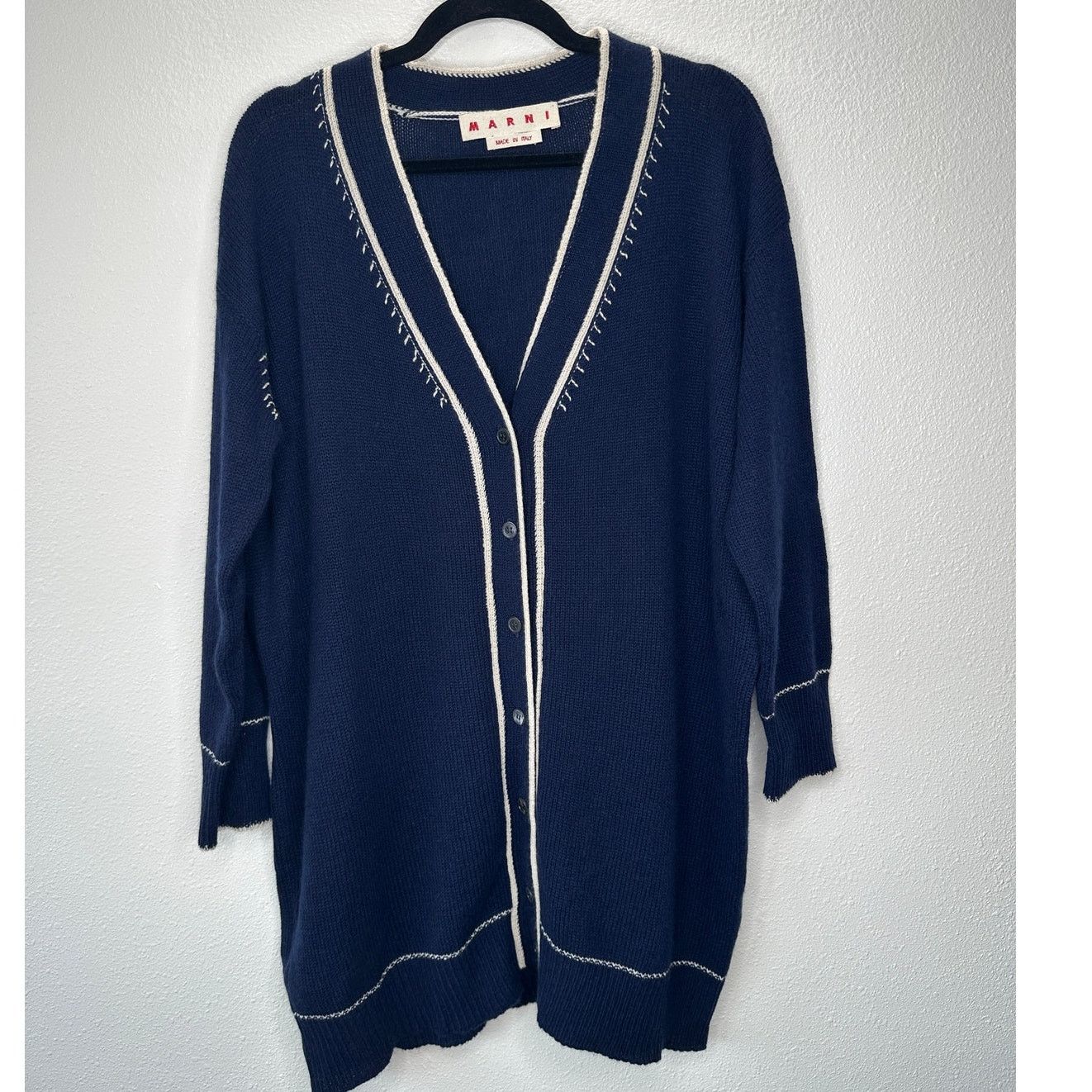 Marni Marni Navy Cream Whip Stitch V-Neck Button Cardigan 42 / XL Size XL / US 12-14 / IT 48-50 - 2 Thumbnail