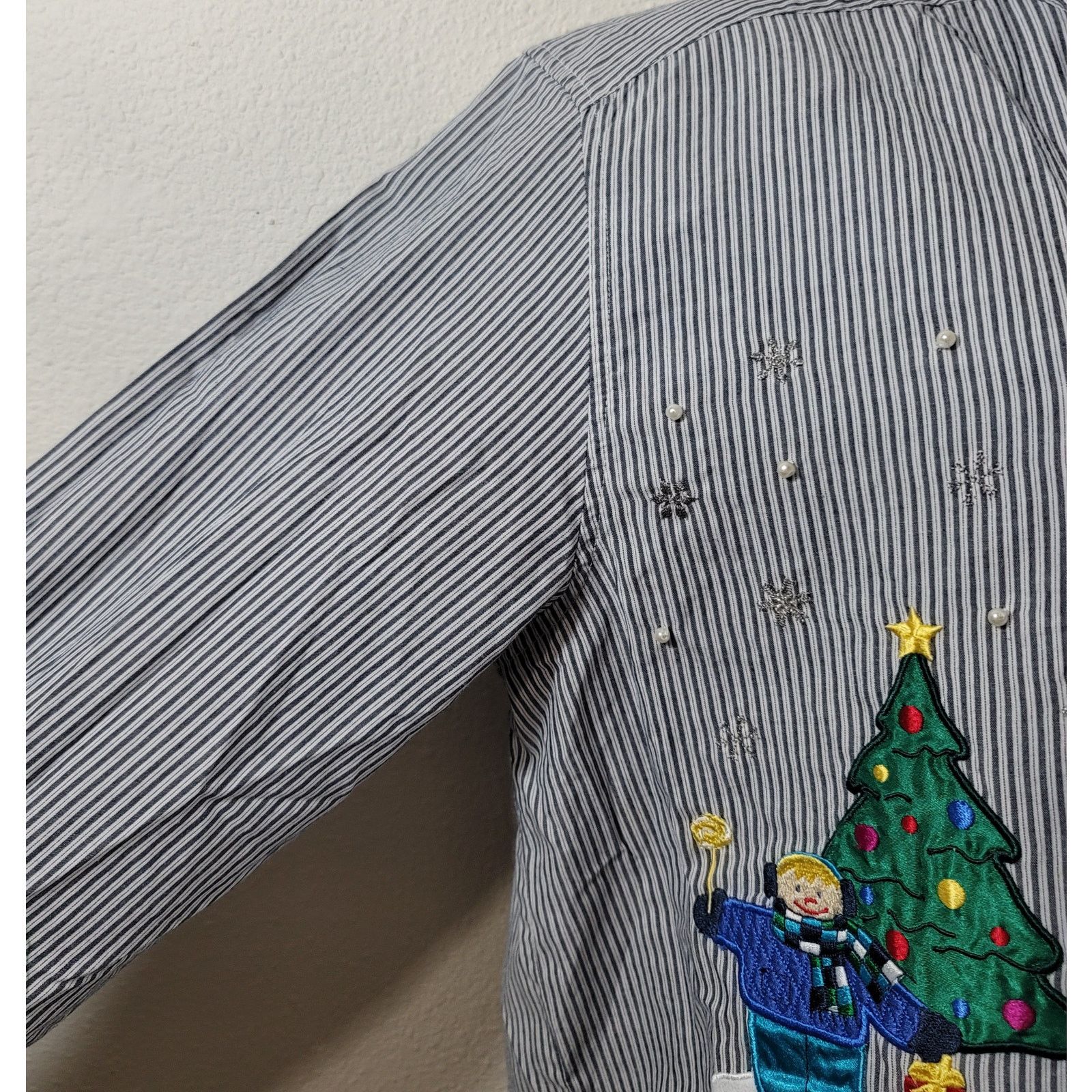 Other VTG Karen Scott Blue Striped Christmas Embroidered Top Large Size L / US 10 / IT 46 - 7 Thumbnail