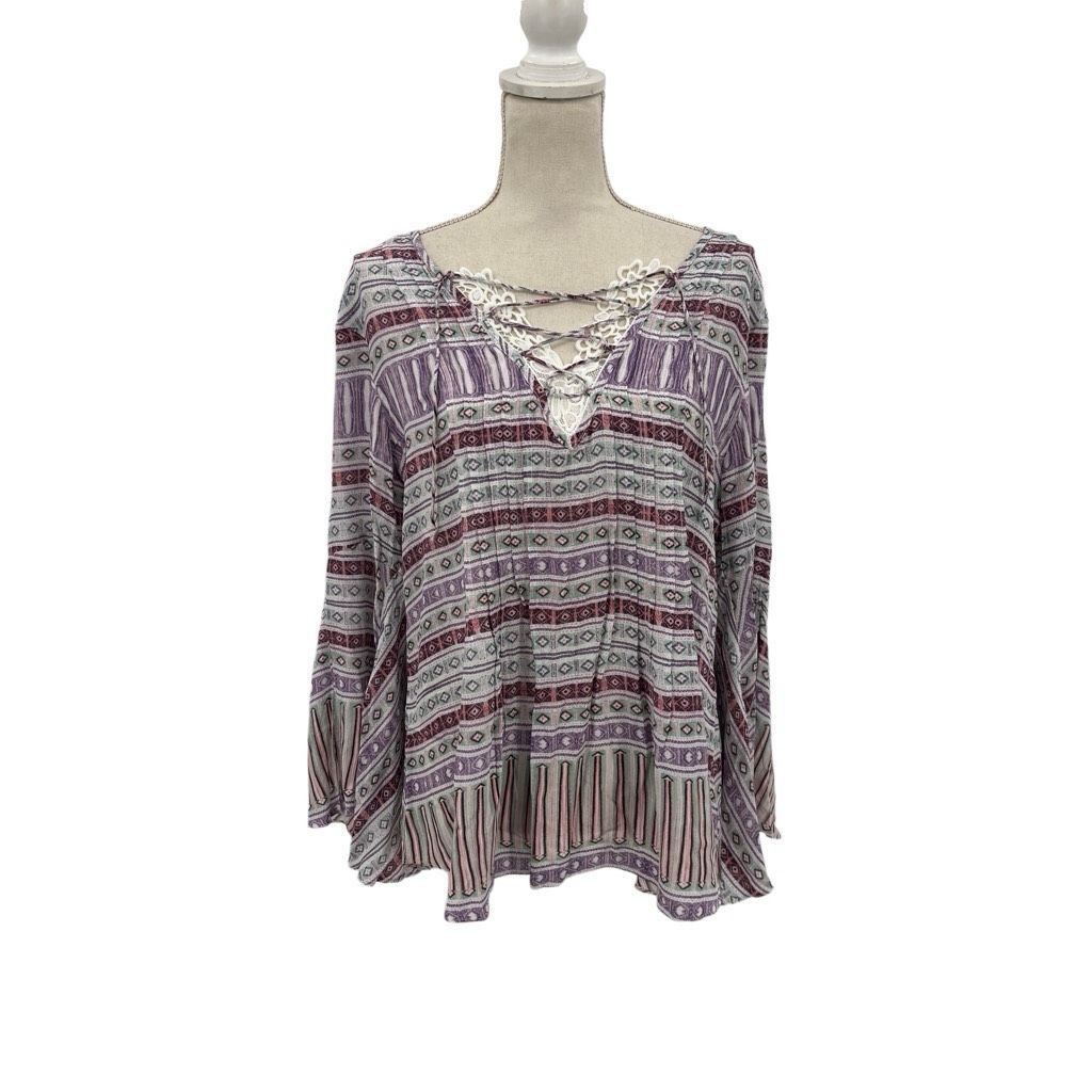 Other Vintage America Blues Aztec Tribal Bell Sleeve Boho Blouse Purple White Large Size L / US 10 / IT 46 - 1 Thumbnail